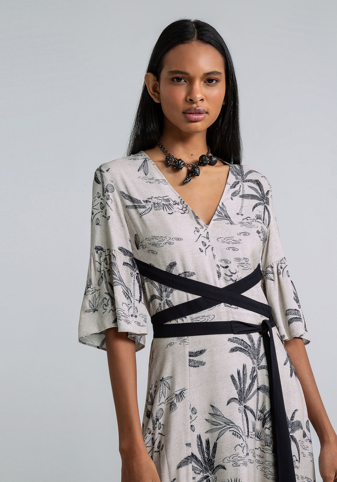 Vestido Longo Estampado Faixa Cintura, REPOUSO, large.