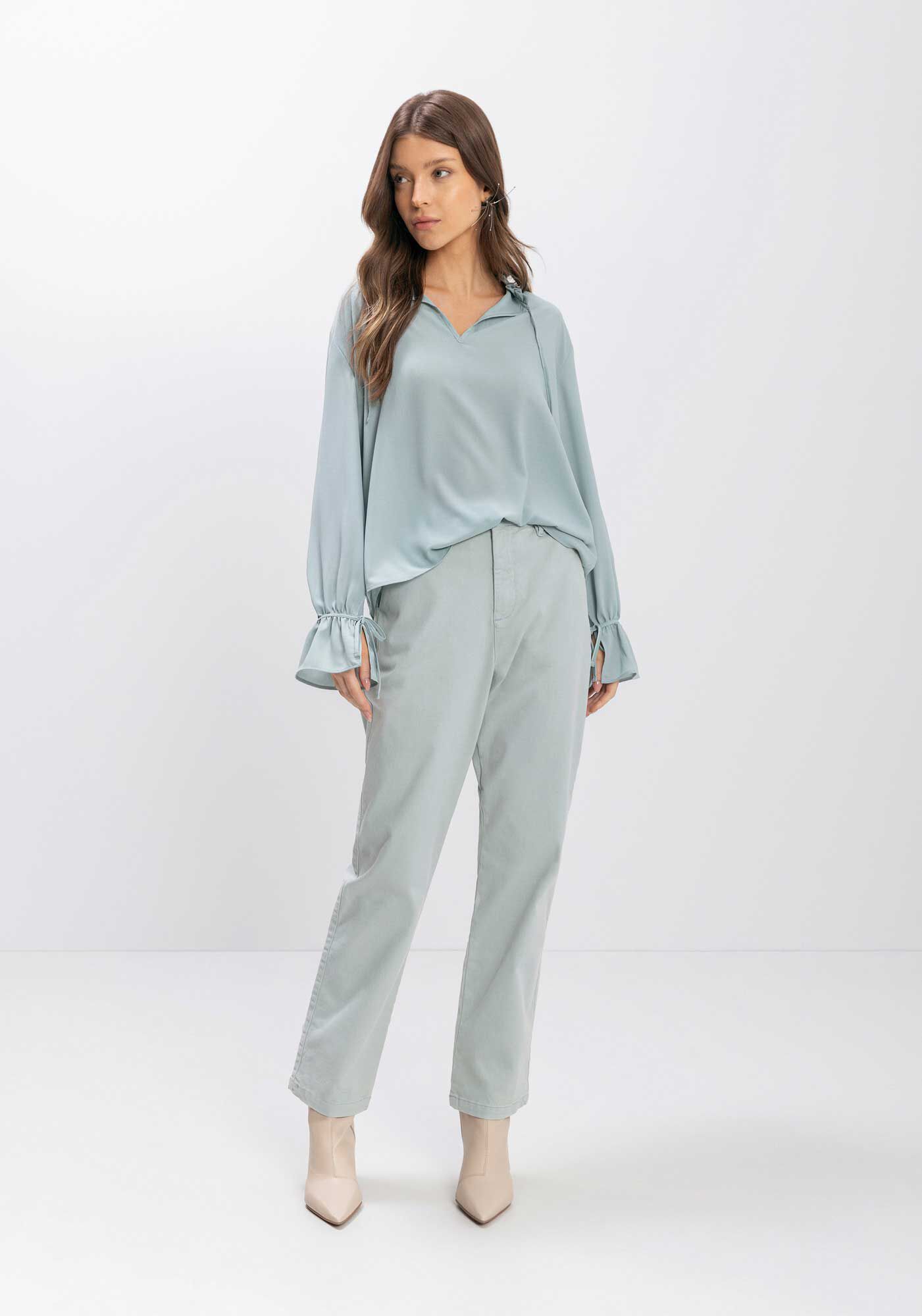 Blusa De Mangas Longas Com Babado E Amarra&ccedil;&atilde;o Em Chiffon, , large.