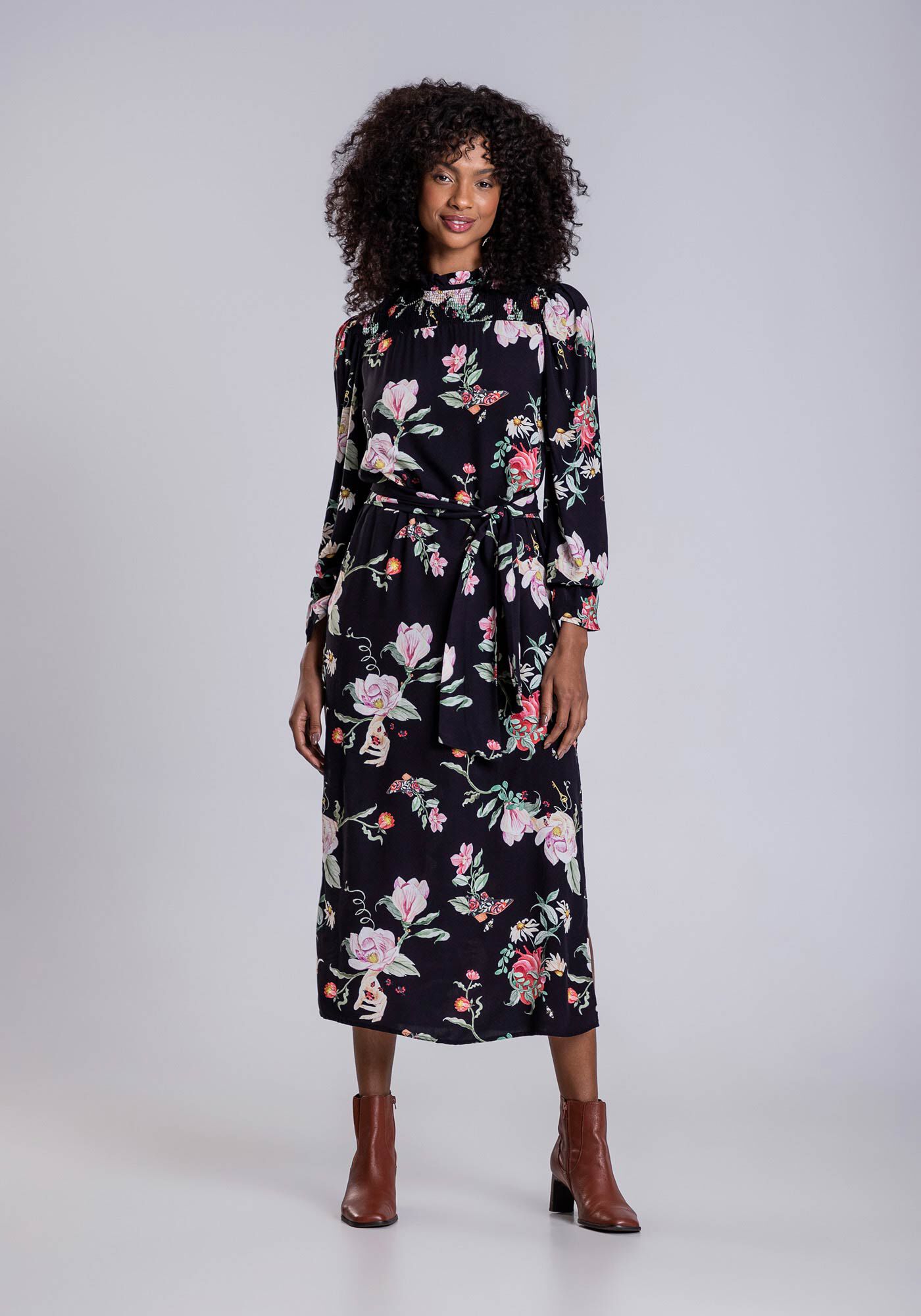 Vestido Midi Estampado com Lastex Cinto, , large.