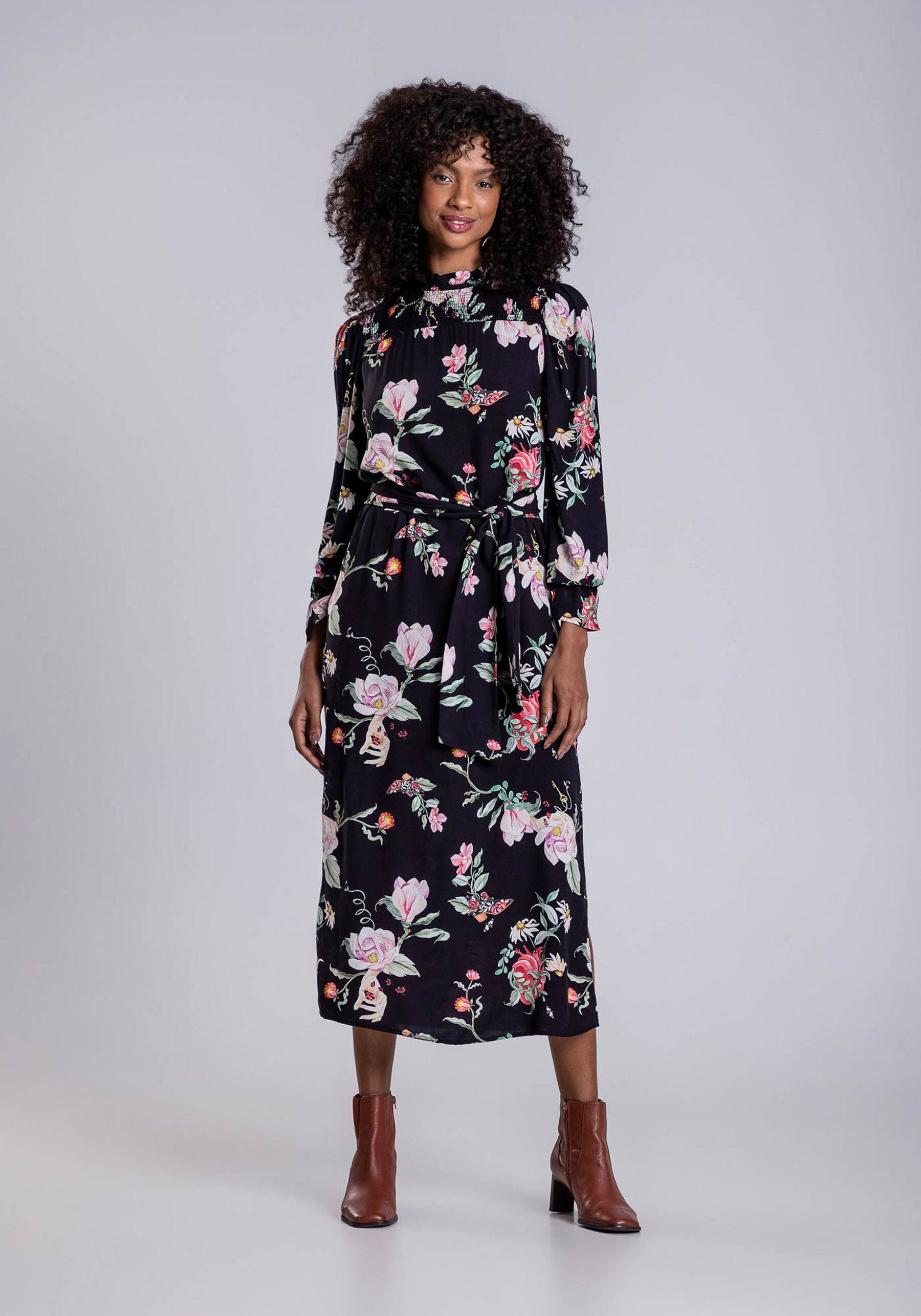 Vestido Midi Estampado com Lastex Cinto, . Vestido Midi Estampado com Lastex Cinto, , large.