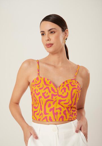 Blusa Cropped em Linho Animal Print com Amarração Alças, VILLAGE AMARELO. Blusa Cropped em Linho Animal Print com Amarração Alças, VILLAGE AMARELO, large.