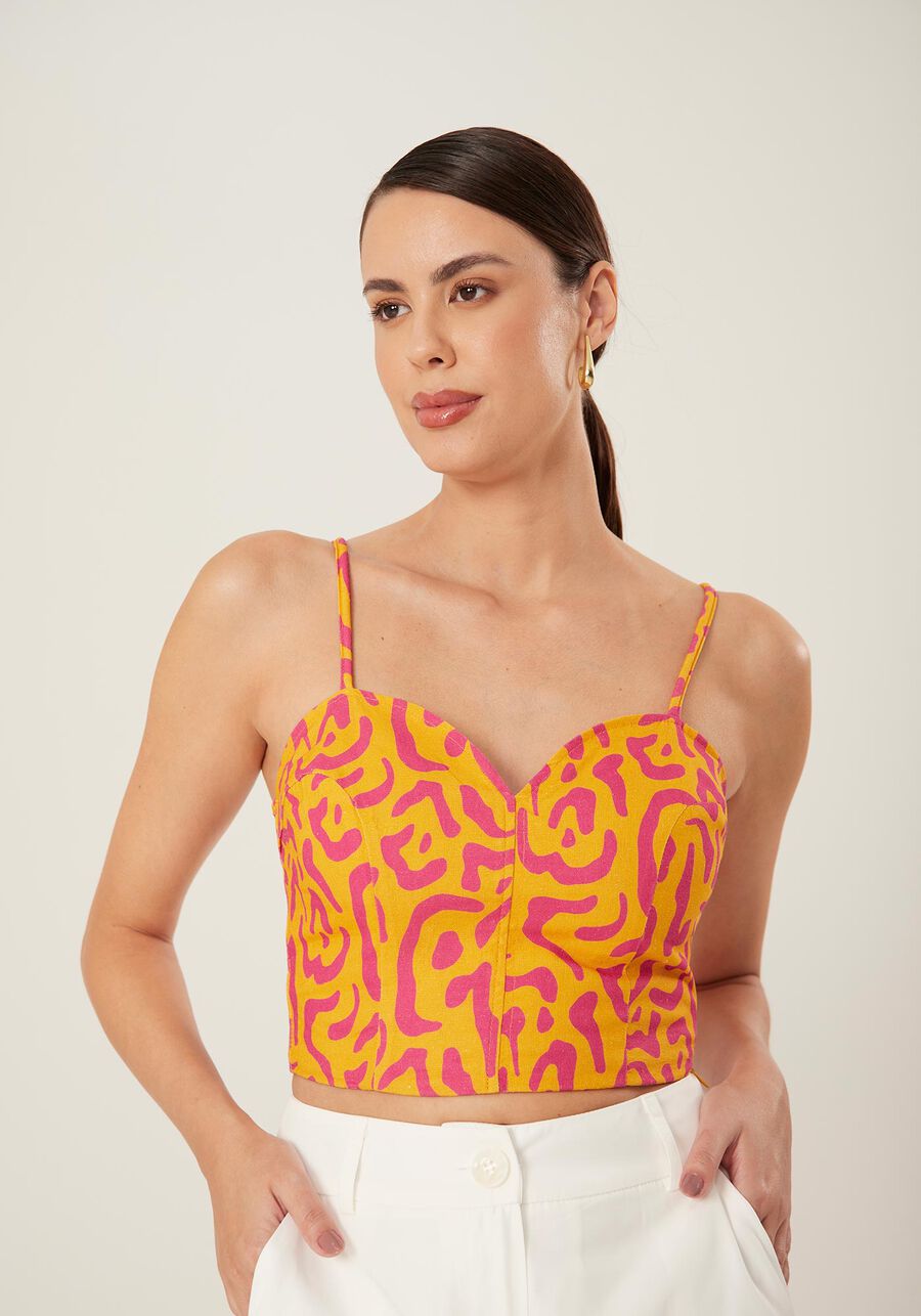 Blusa Cropped em Linho Animal Print com Amarração Alças, VILLAGE AMARELO. Blusa Cropped em Linho Animal Print com Amarração Alças, VILLAGE AMARELO, large.