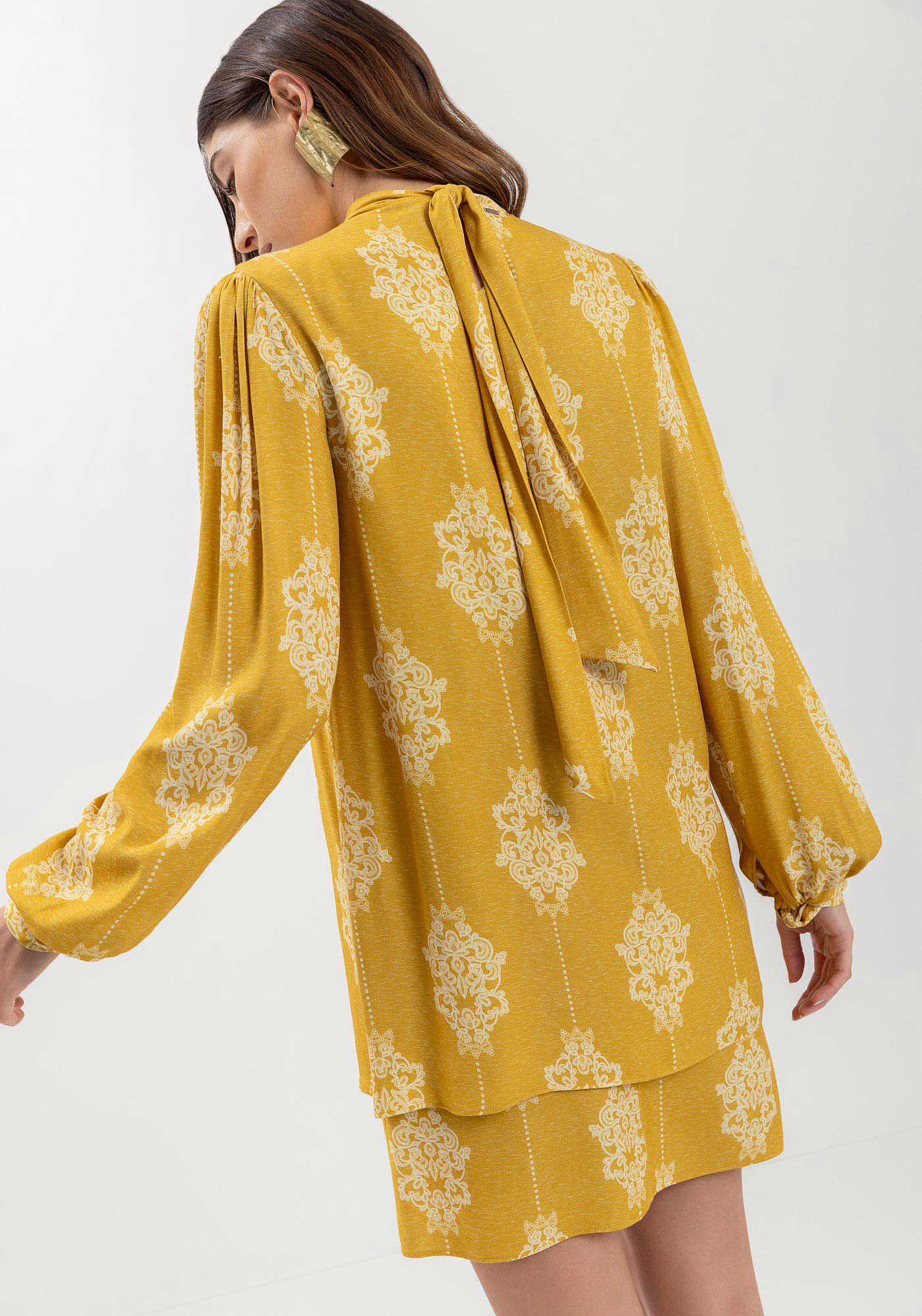 Vestido Curto Estampado Com Mangas Amplas E Gola Alta, CUTWORK VERDE, large.