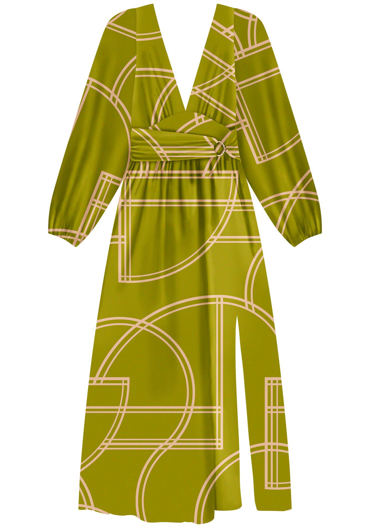 Vestido Longo Estampado Com Mangas Amplas E Fenda Lateral, , large.