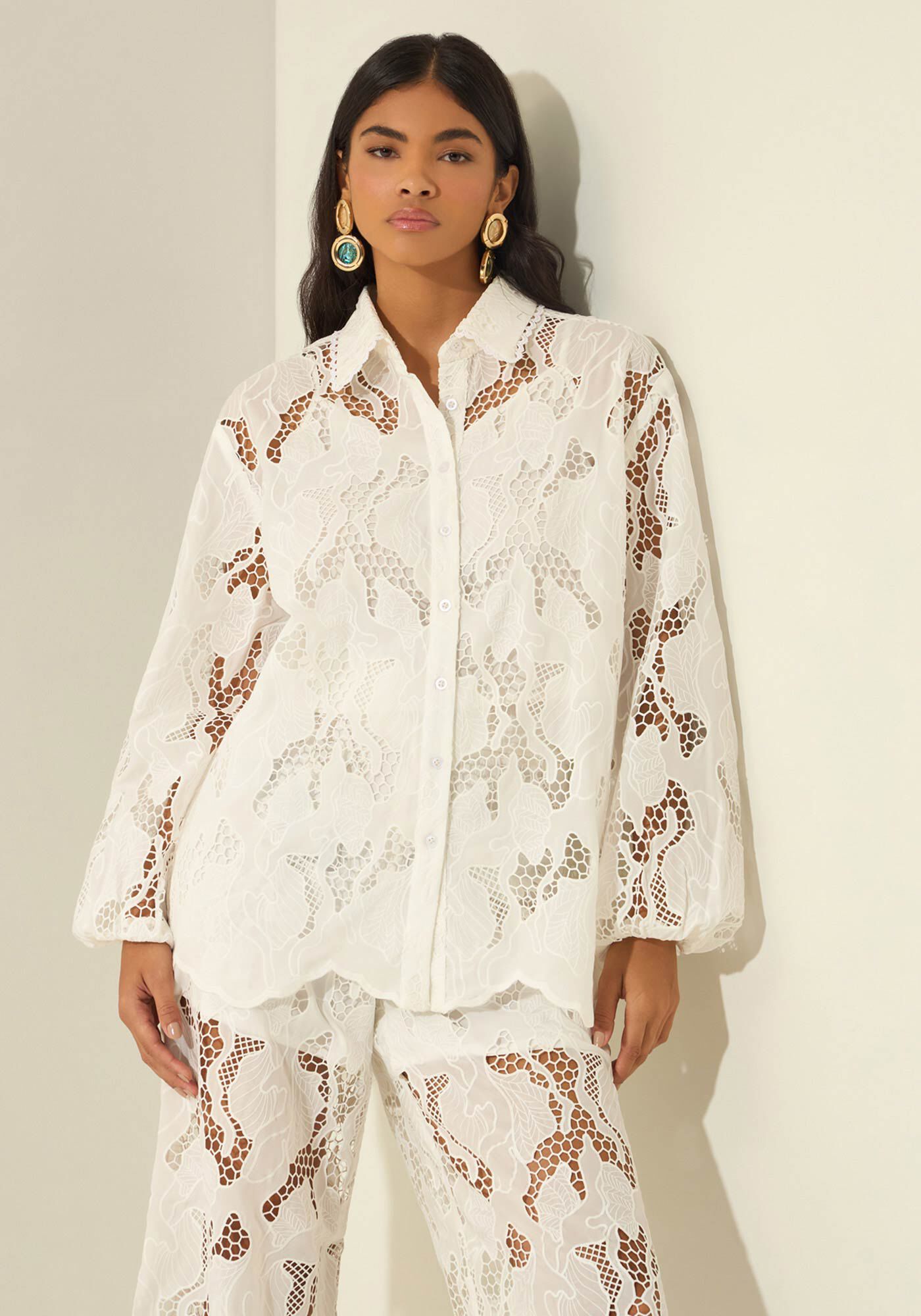 Camisa De Mangas Longas Em Laise, BRANCO, large.