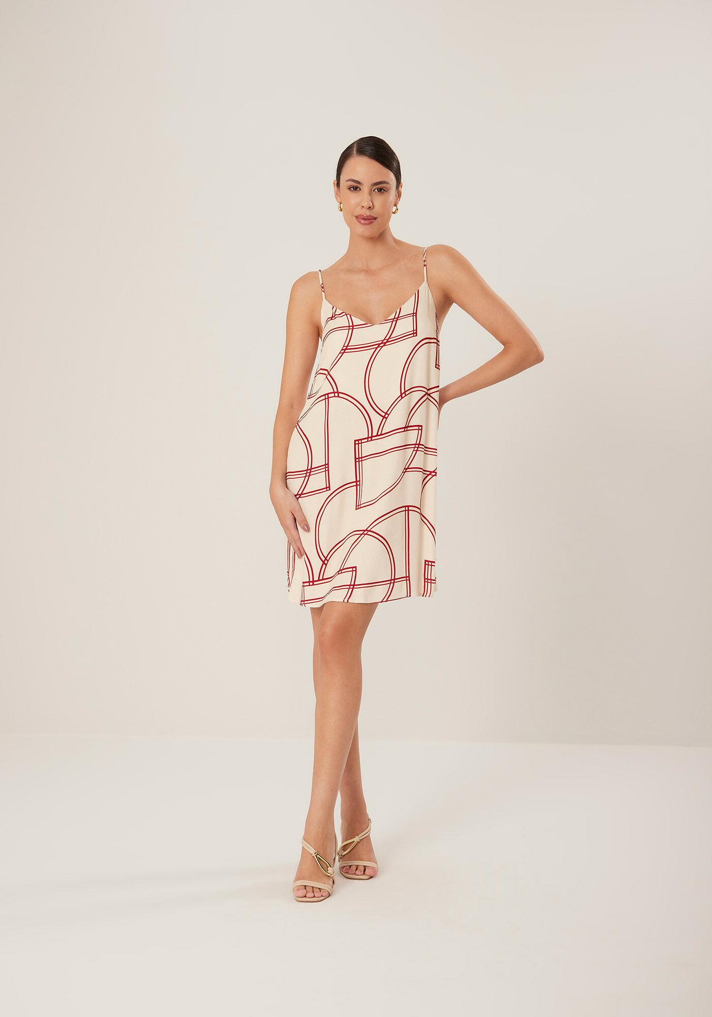 Vestido Curto Estampado Com Al&ccedil;as Finas Em Crepe De Viscose, MOVEMENT BEGE, large.