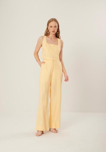 Blusa Cropped em Linho com Decote Quadrado, LARANJA PECHE. Blusa Cropped em Linho com Decote Quadrado, LARANJA PECHE, large.