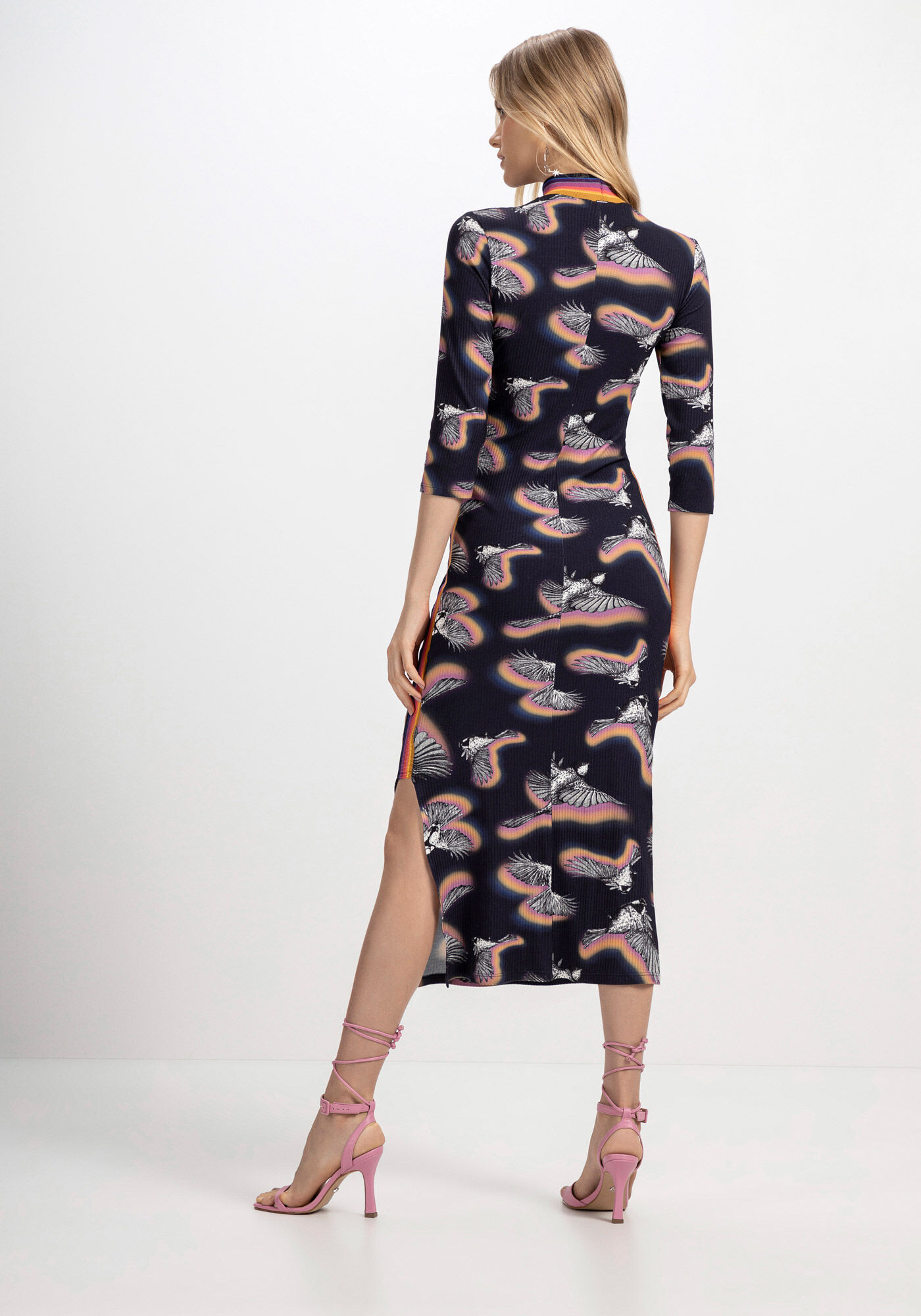 Vestido Midi Canelado Gola Alta com Manga 3/4, FREEDOM, large.