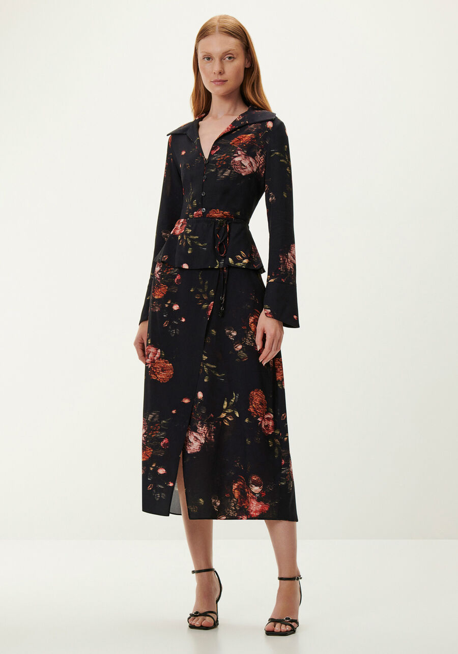 Saia Midi Floral em Viscose com Recorte Sobreposto, VIENA. Saia Midi Floral em Viscose com Recorte Sobreposto, VIENA, large.