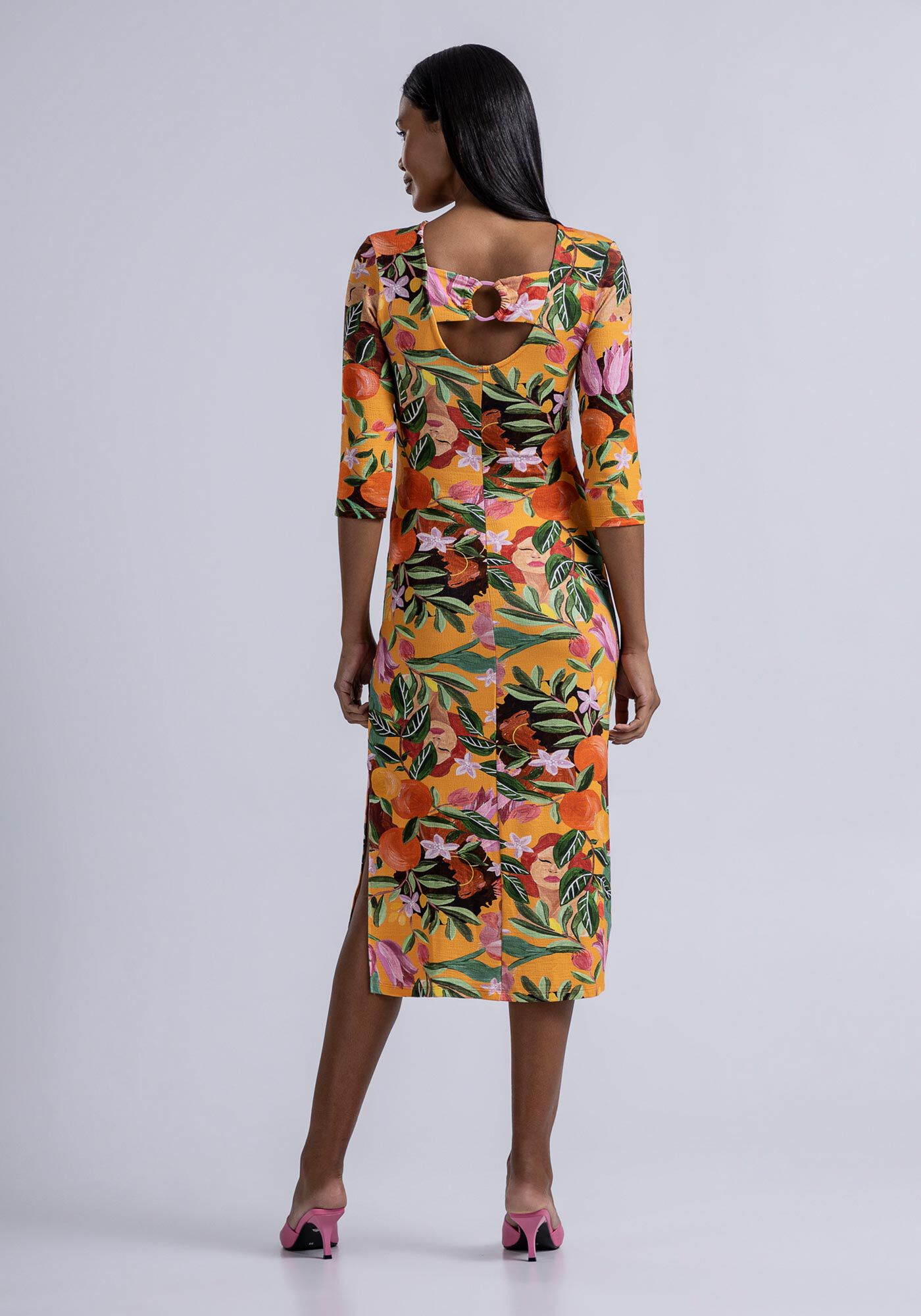 Vestido Midi Manga 3/4 em Malha com Recorte, POMAR, large.