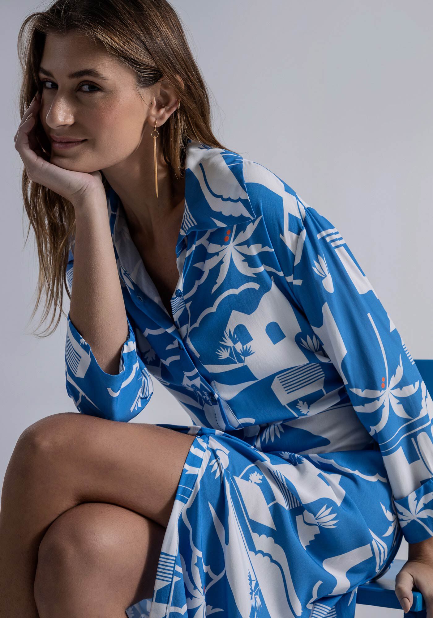 Vestido Midi Sa&iacute;da de Praia em Viscose Chemise, , large.