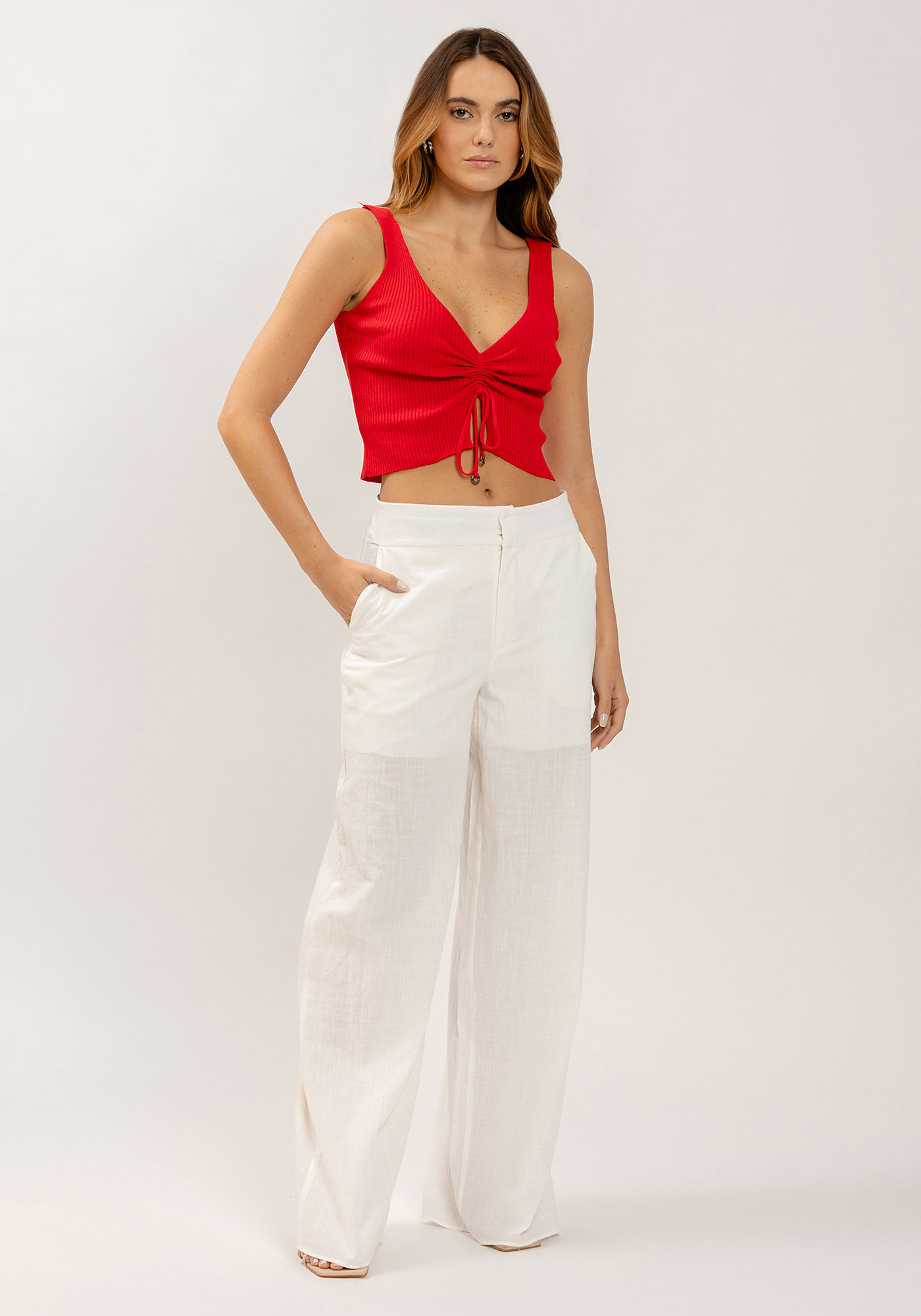 Blusa em Tric&ocirc; com Amarra&ccedil;&atilde;o Franzida, VERMELHO ROSE MADDER, large.