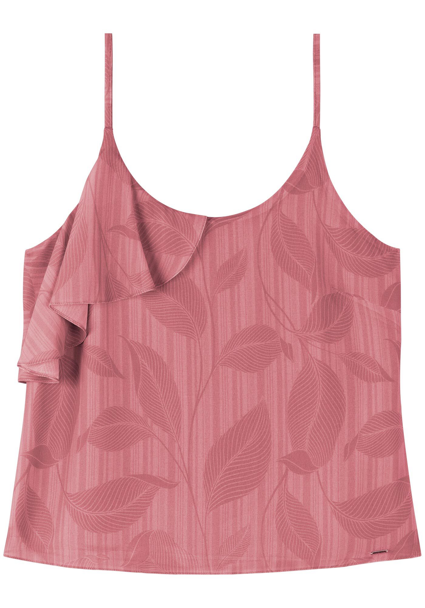 Blusa De Al&ccedil;as Finas Estampada Com Babado Lateral, GREEN LEAF ROSA, large.