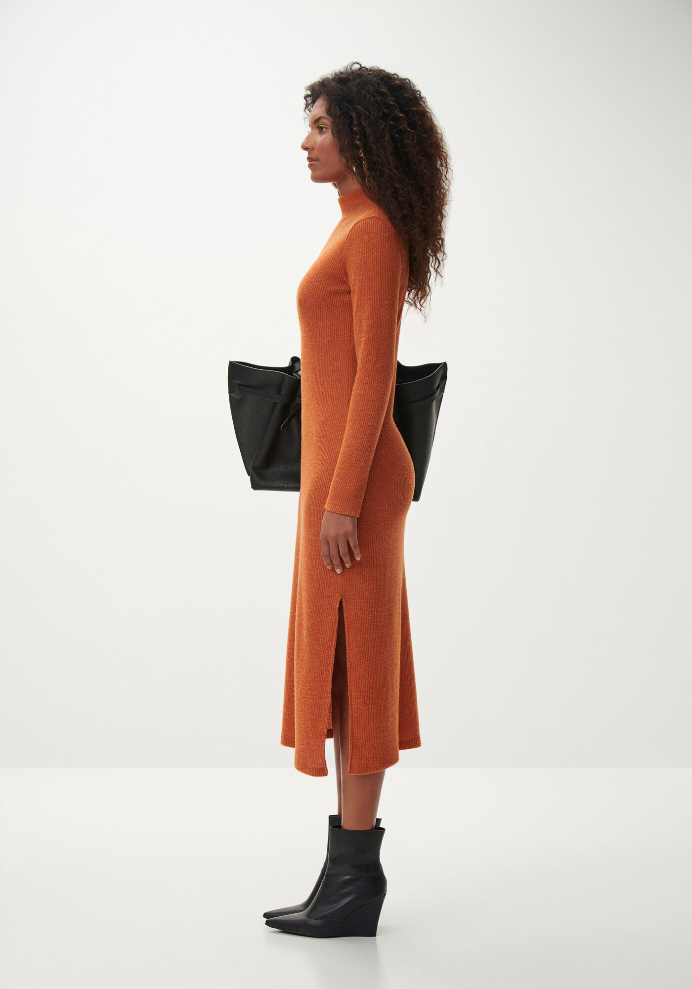 Vestido Midi Manga Longa Canelado com Gola, LARANJA RUST, large.