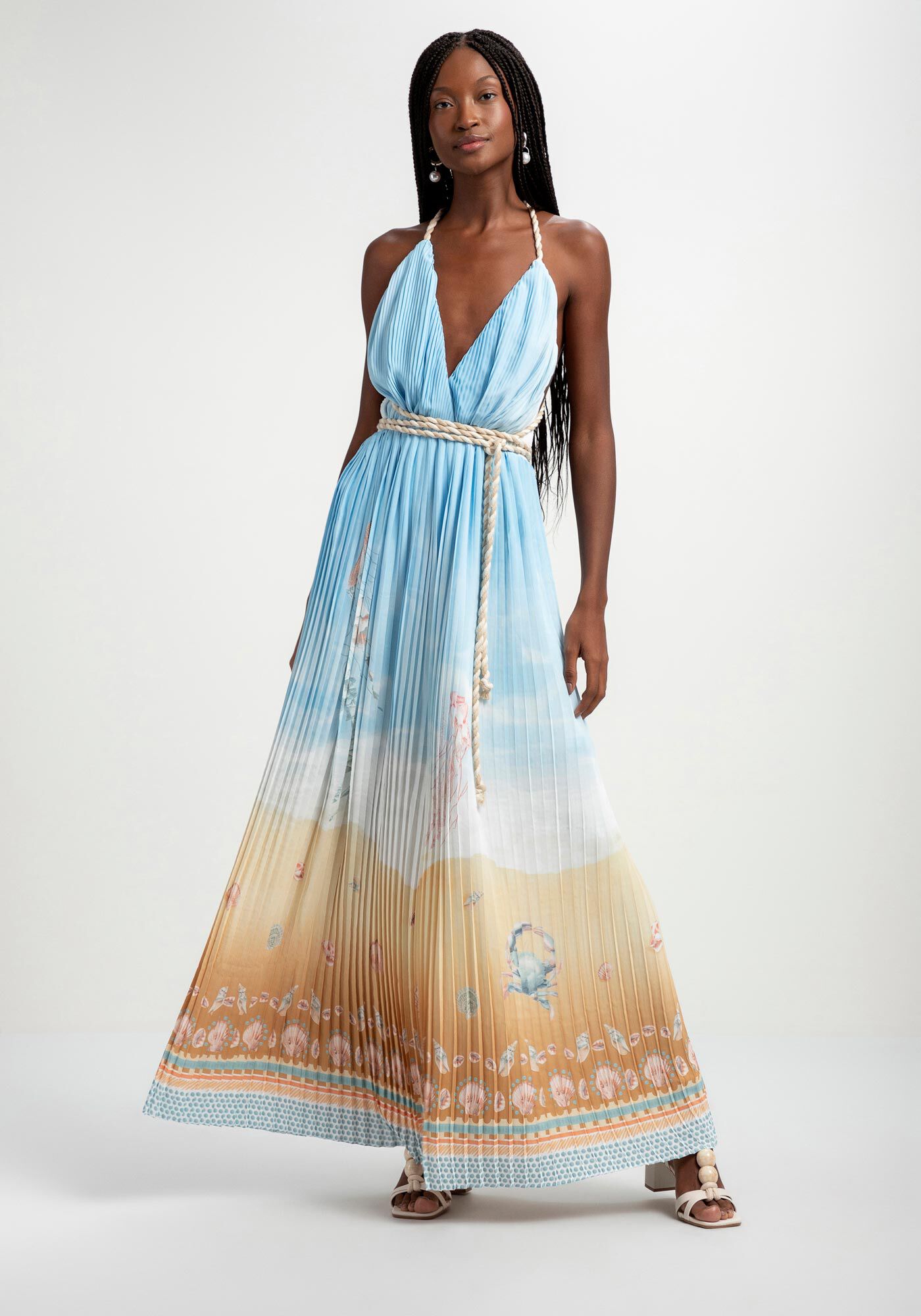 Vestido Longo Plissado com Al&ccedil;as Corda, , large.