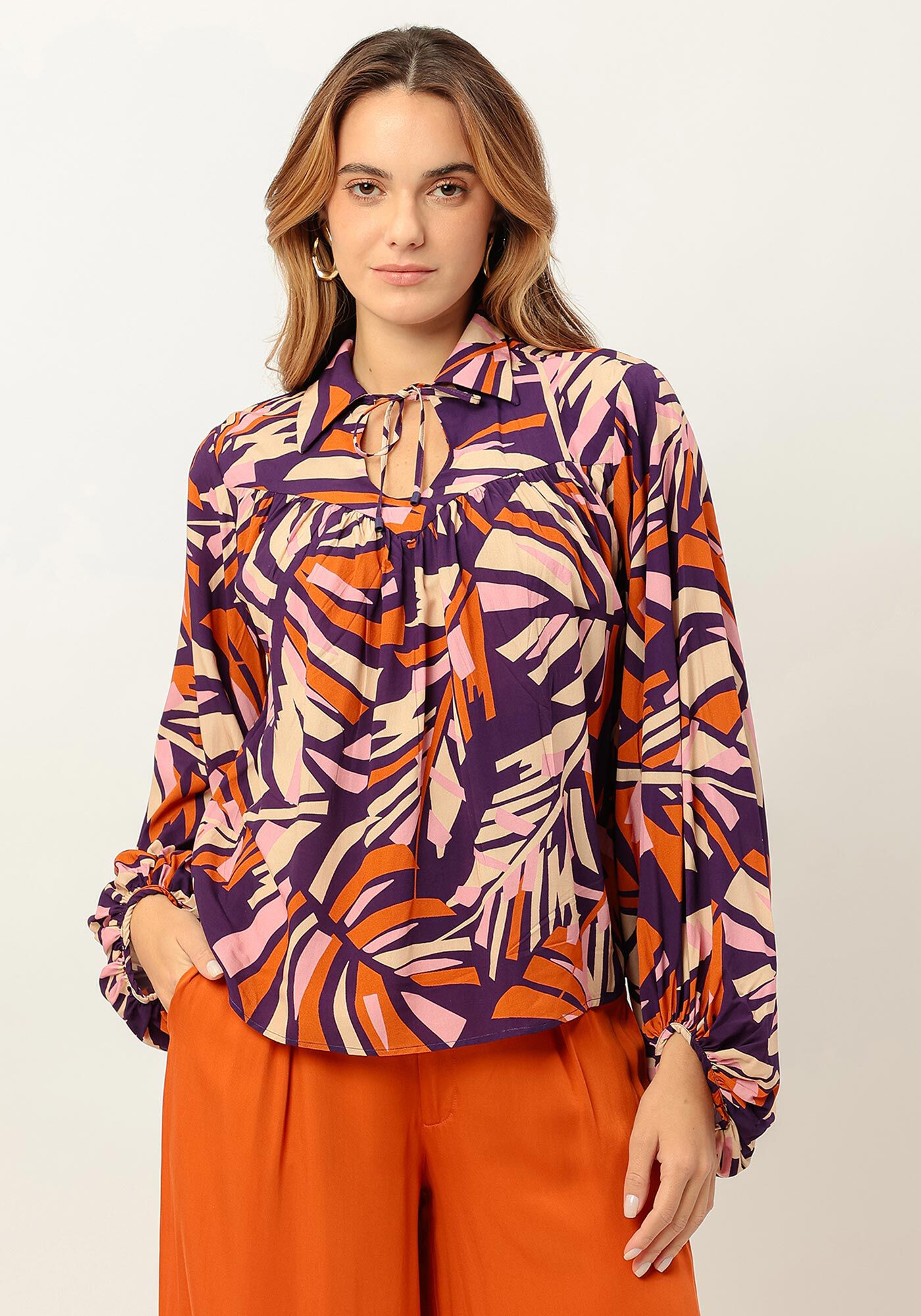 Blusa Ampla Estampada em Viscose com Manga Bufante, , large.