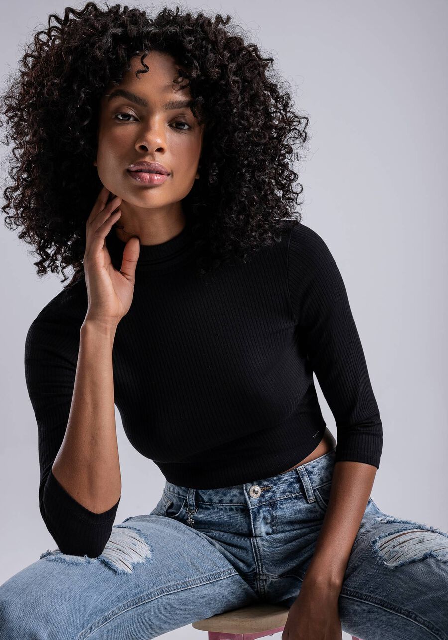 Blusa Manga 3/4 Canelada com Gola Alta, PRETO REATIVO. Blusa Manga 3/4 Canelada com Gola Alta, PRETO REATIVO, large.