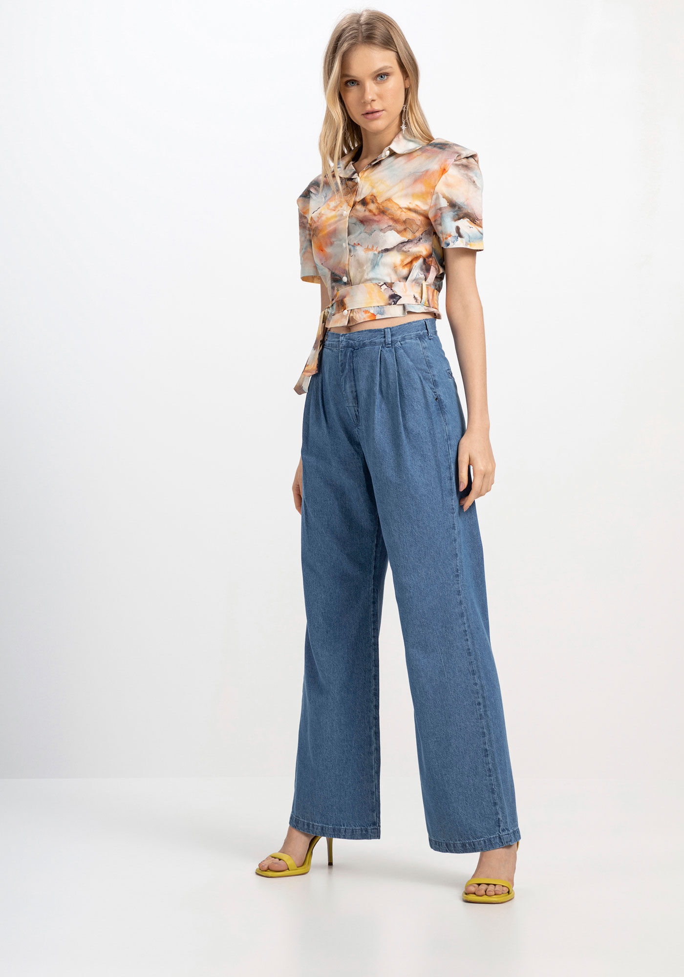 Cal&ccedil;a Jeans Reta Alfaiataria com Pregas, , large.