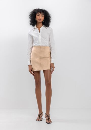 Saia Curta Com Cintura Alta Em Malha Suede, BEGE CENTURY. Saia Curta Com Cintura Alta Em Malha Suede, BEGE CENTURY, large.