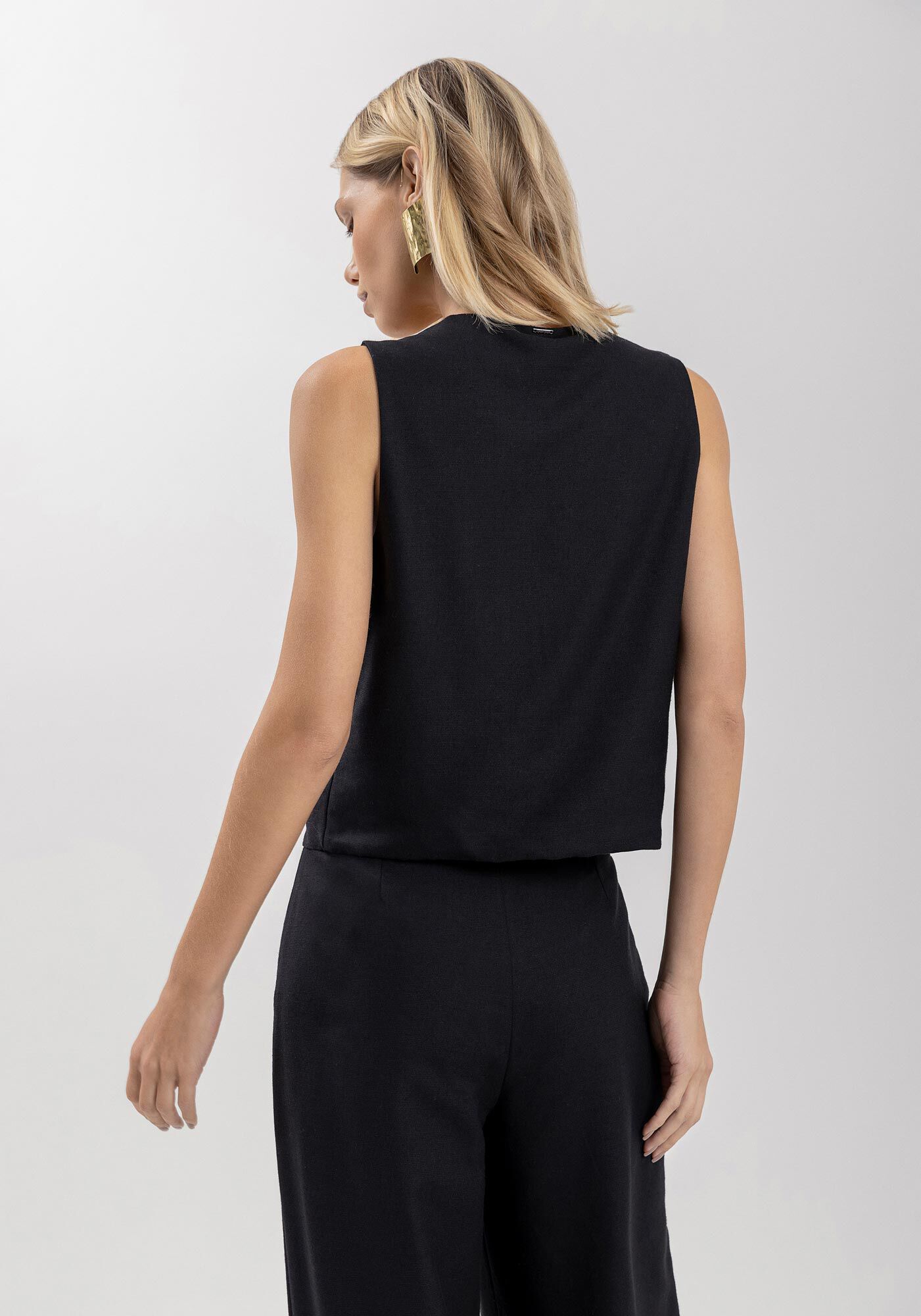 Colete Bordado Com Decote Em V E Amarra&ccedil;&otilde;es Frontais, PRETO, large.