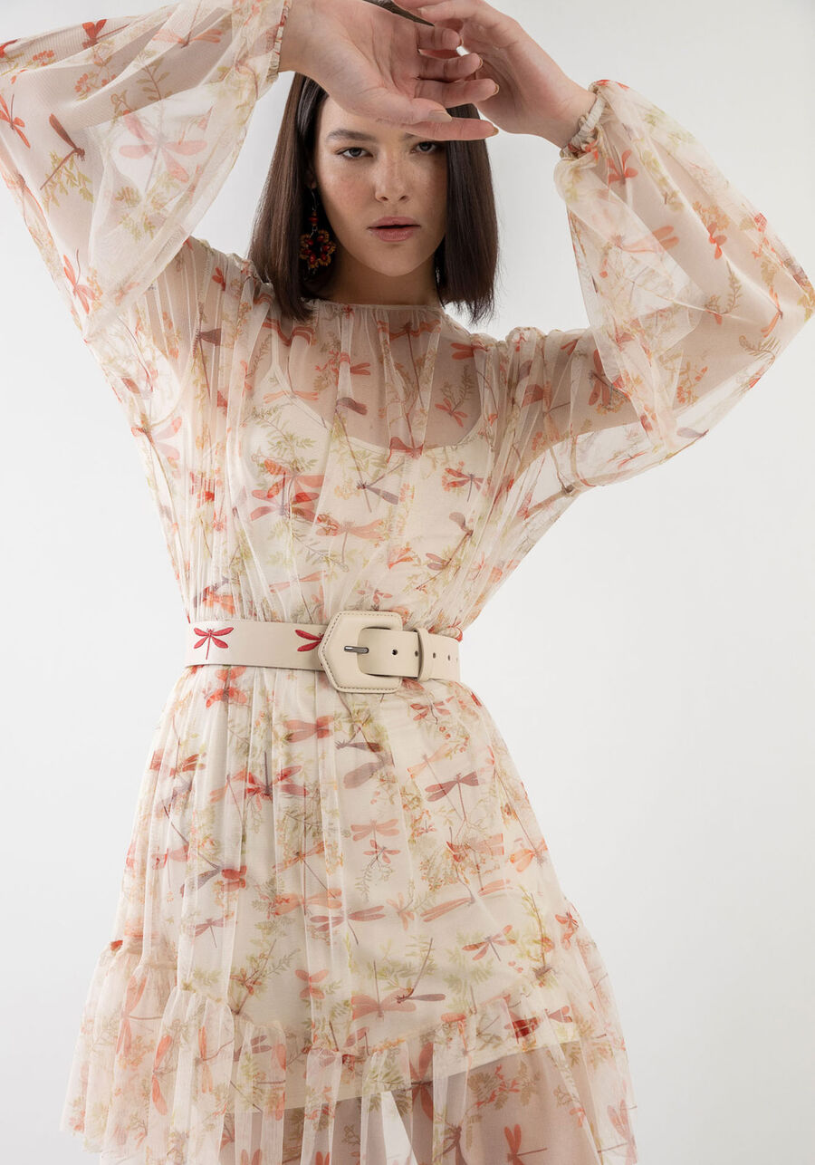 Vestido Curto Manga Longa em Tule Estampado, LIBELULAS. Vestido Curto Manga Longa em Tule Estampado, LIBELULAS, large.