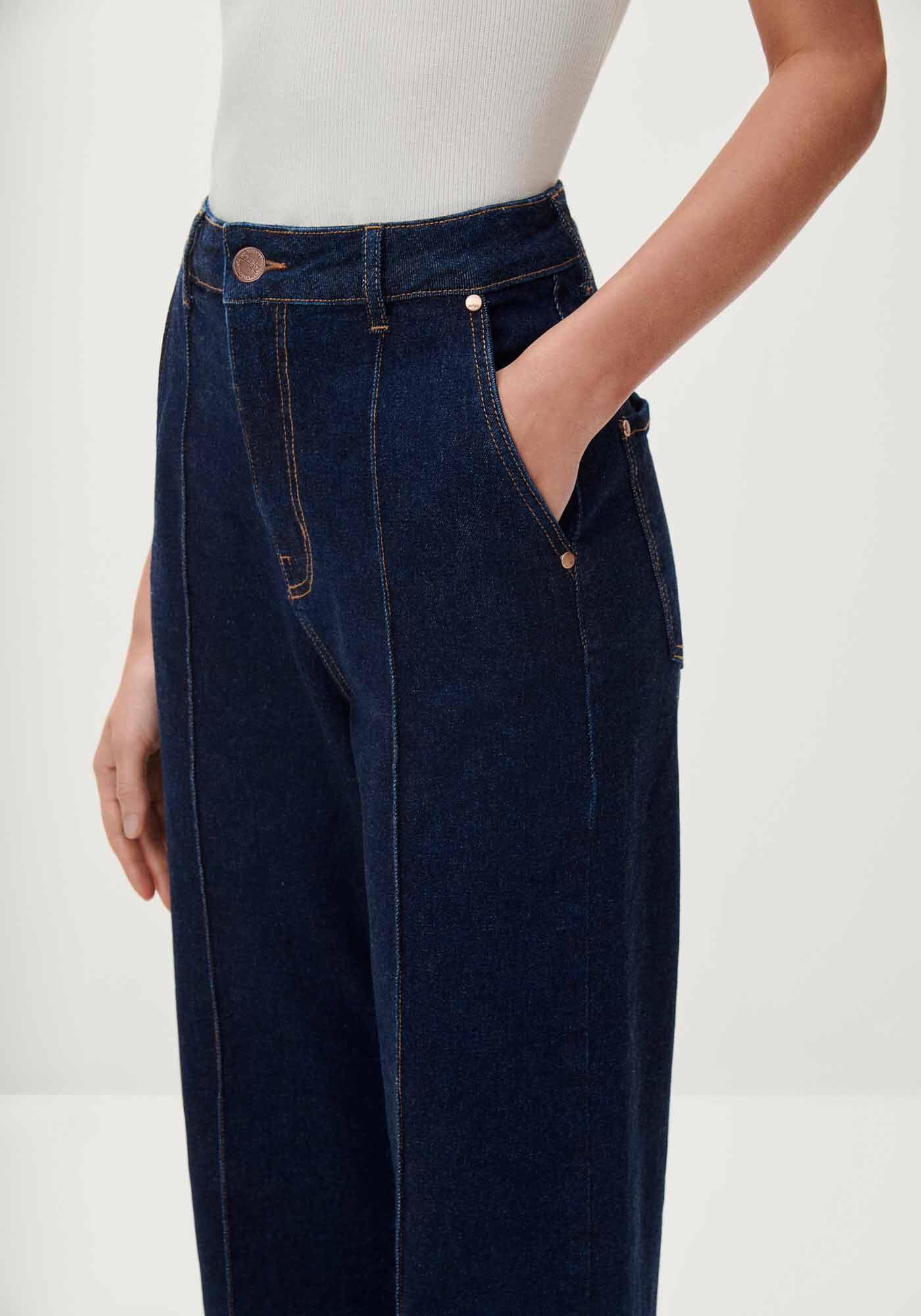 Cal&ccedil;a Jeans Wide Leg Super Alta com Nervuras, , large.