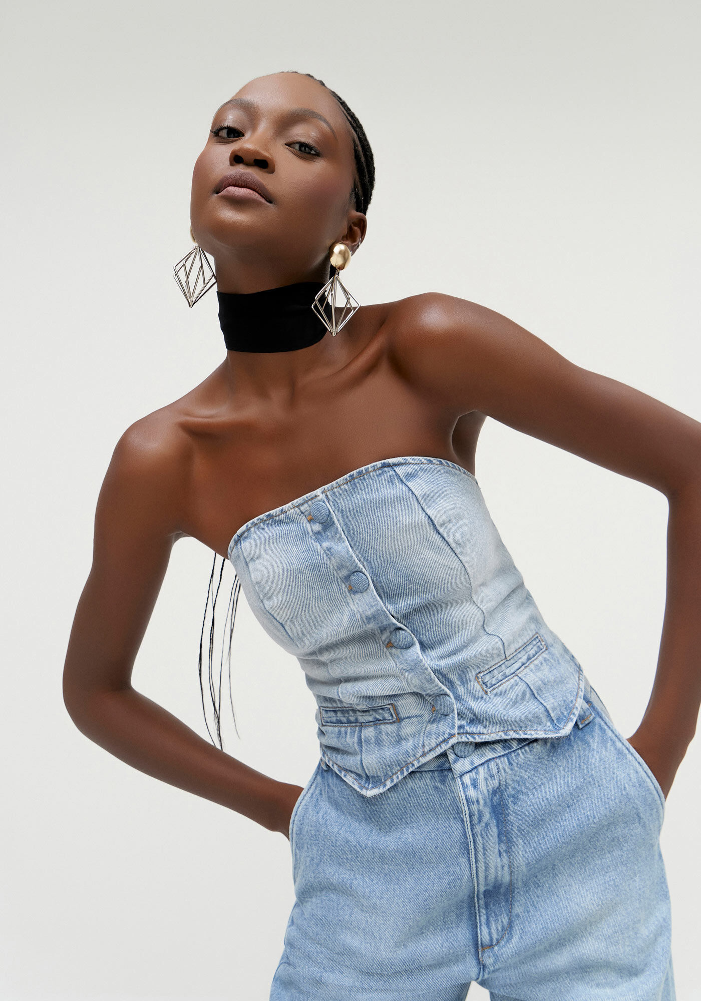 Blusa Jeans Corset Sem Al&ccedil;a, , large.