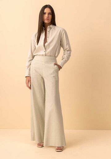 Calça Reta Listrada Com Cintura Alta E Bolsos Em Algodão, VERDE SPA. Calça Reta Listrada Com Cintura Alta E Bolsos Em Algodão, VERDE SPA, large.