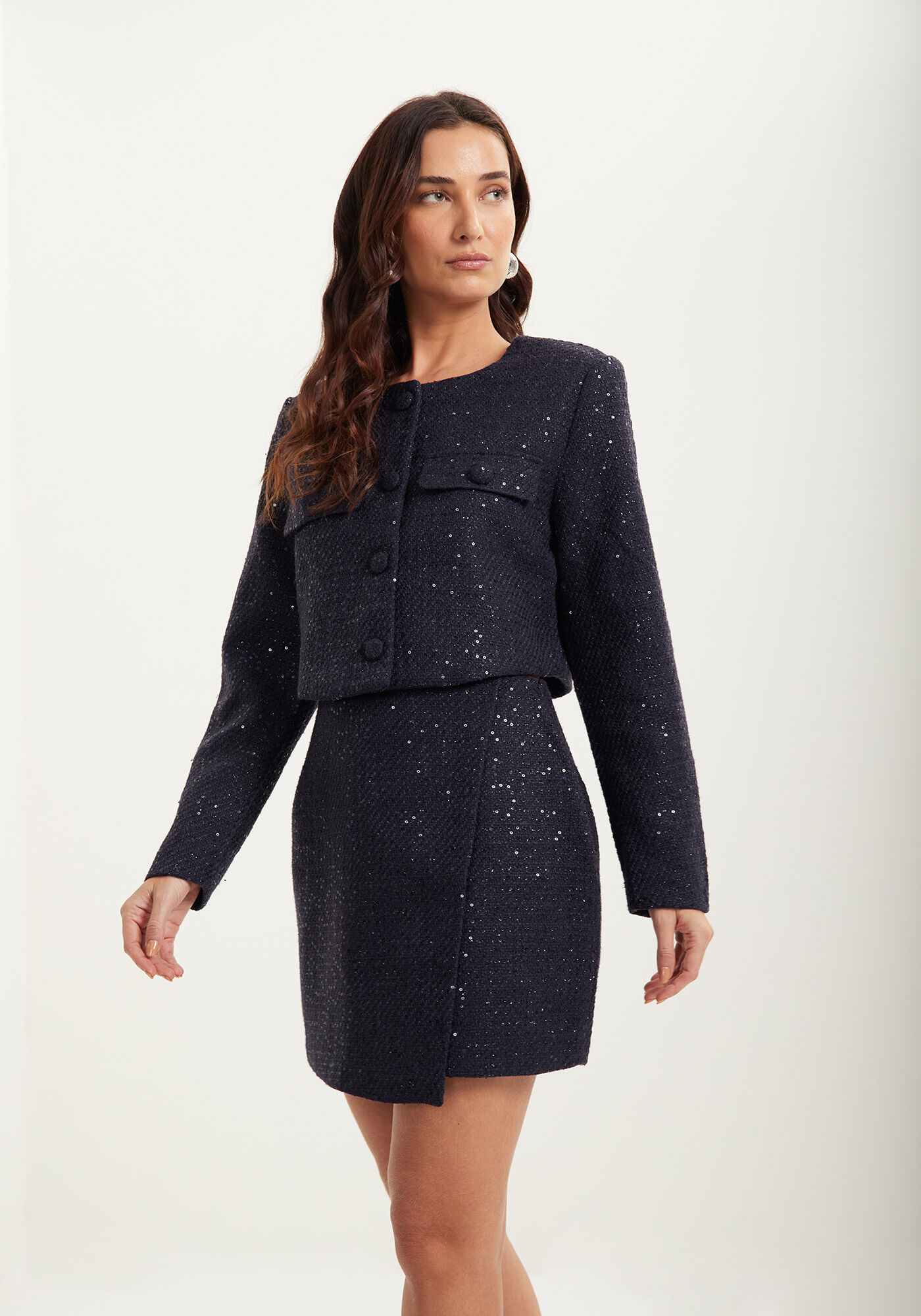 Saia Curta De Cintura Alta Em Tweed Com Paet&ecirc;s, , large.