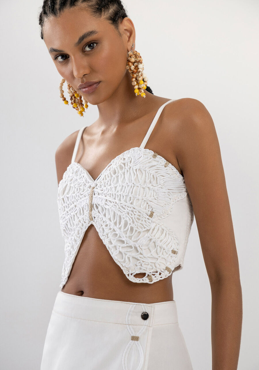 Blusa Sarja Cropped Borboleta com Bordado, BRANCO OFF WHITE. Blusa Sarja Cropped Borboleta com Bordado, BRANCO OFF WHITE, large.