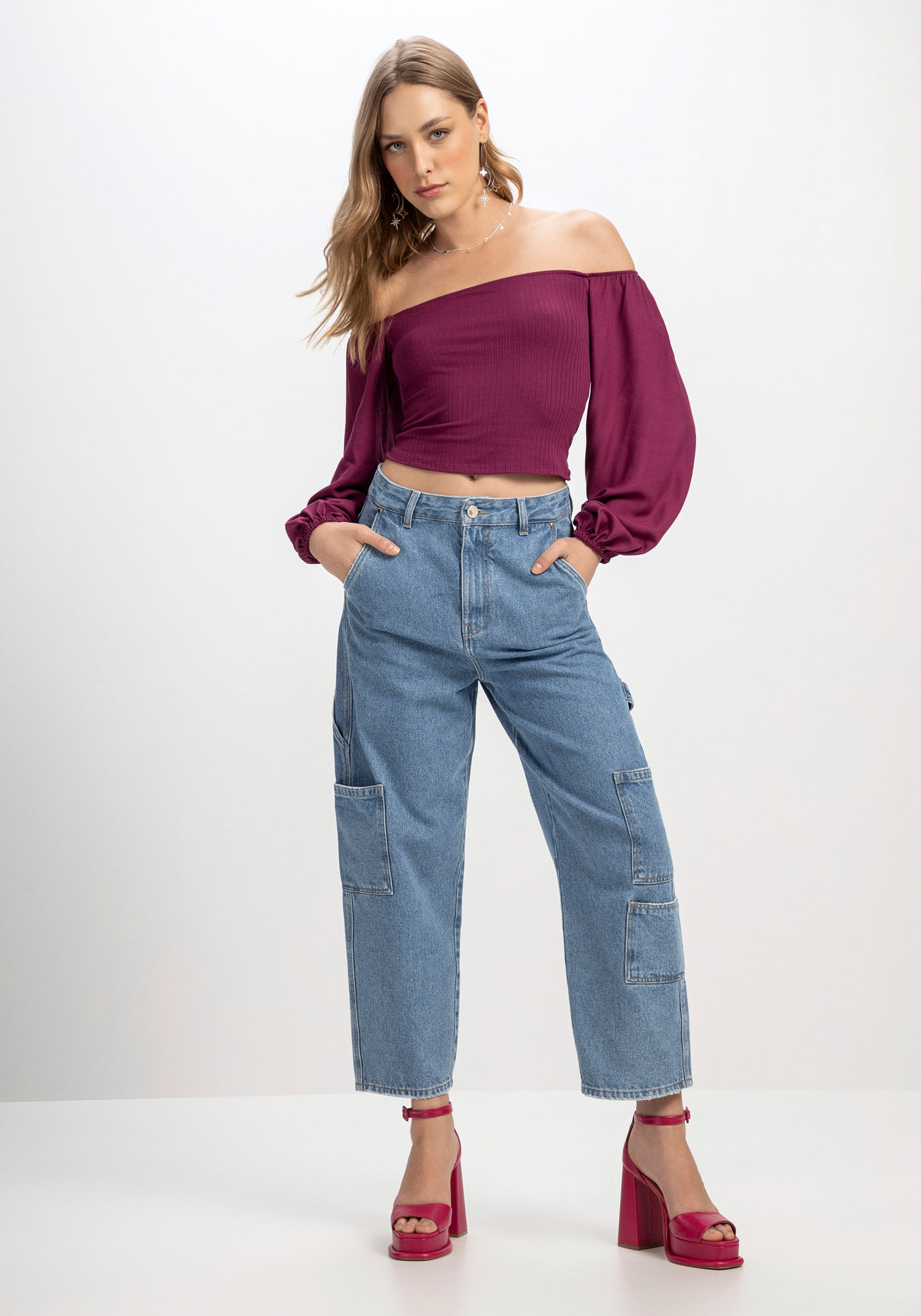 Blusa Ombro a Ombro com Manga Bufante, , large.