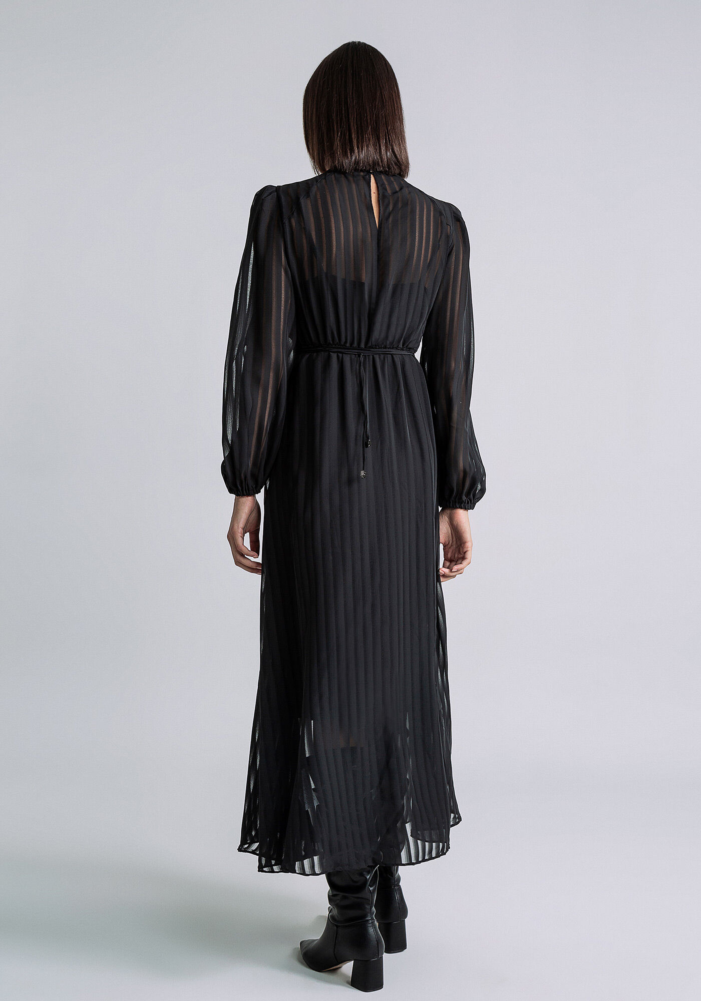 Vestido Manga Longa M&iacute;di Amarra&ccedil;&atilde;o, PRETO, large.