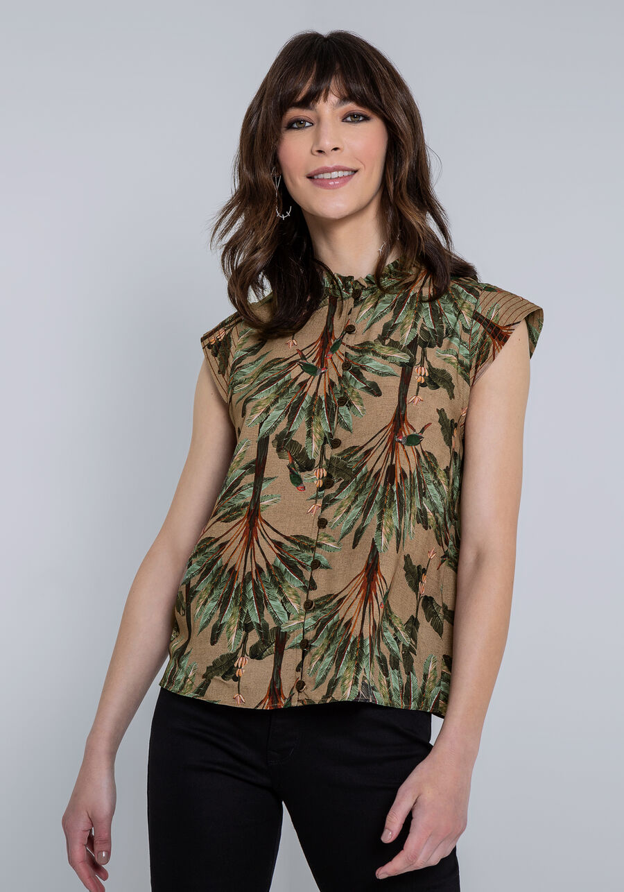 Blusa Estampada em Viscose com Botões e Cinto, . Blusa Estampada em Viscose com Botões e Cinto, , large.