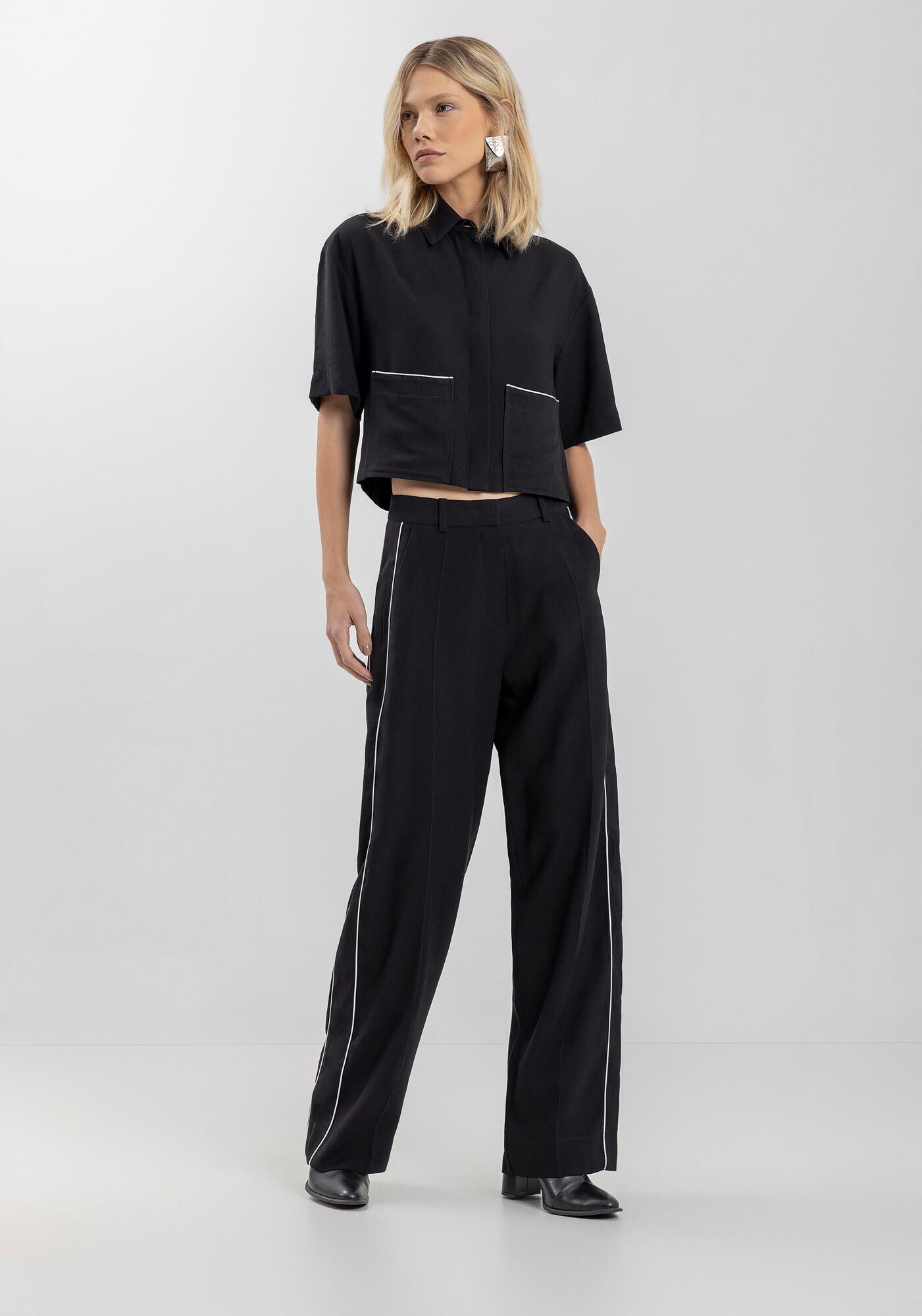 Cal&ccedil;a Reta Alfaiataria Com Cintura Alta E Listras Laterais, , large.