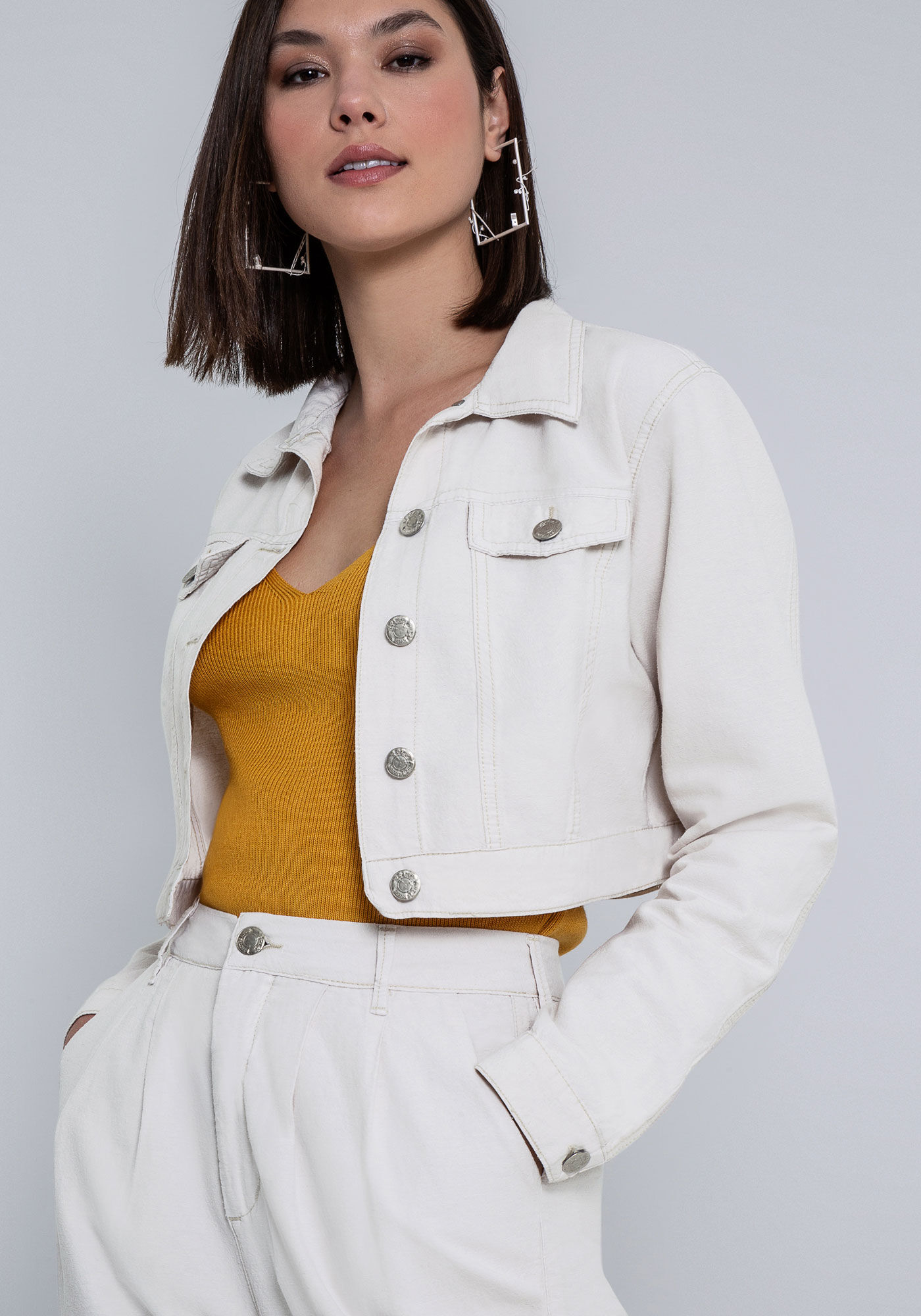 Jaqueta Sarja Cropped, BEGE MARFIM, large.