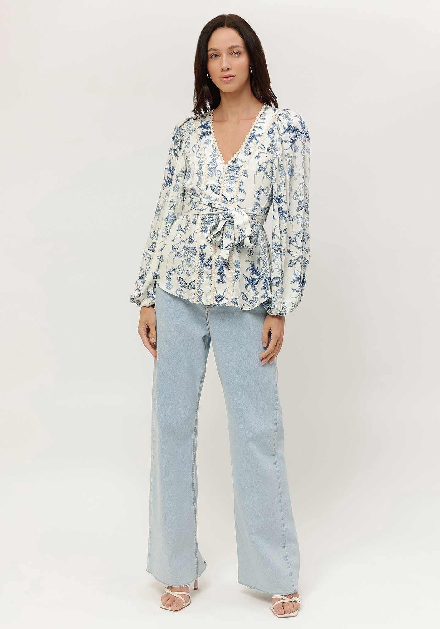 Blusa Manga Longa Bufante Estampada com Faixa, , large.