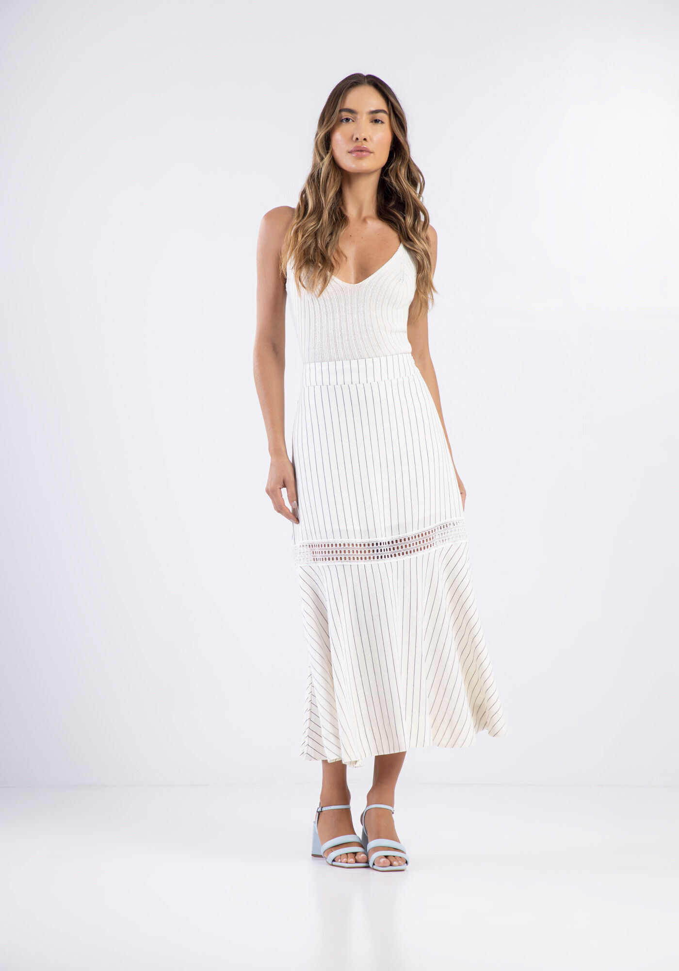 Saia Midi Estampada em Linho com Renda Lez a Lez