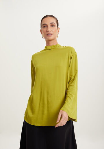Blusa Alongada De Mangas Com Gola Alta E Amarração, VERDE NEW SOFT. Blusa Alongada De Mangas Com Gola Alta E Amarração, VERDE NEW SOFT, large.