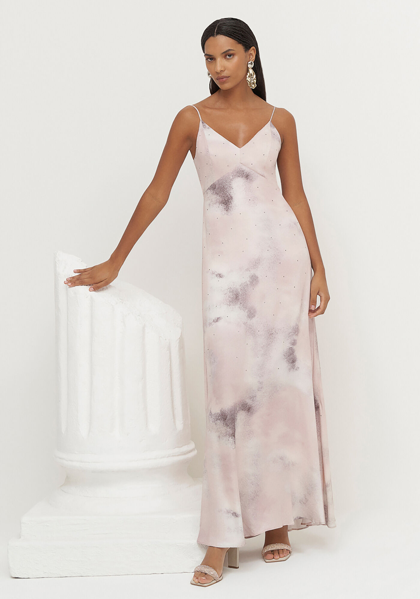 Vestido Longo Estampado com Strass, , large.