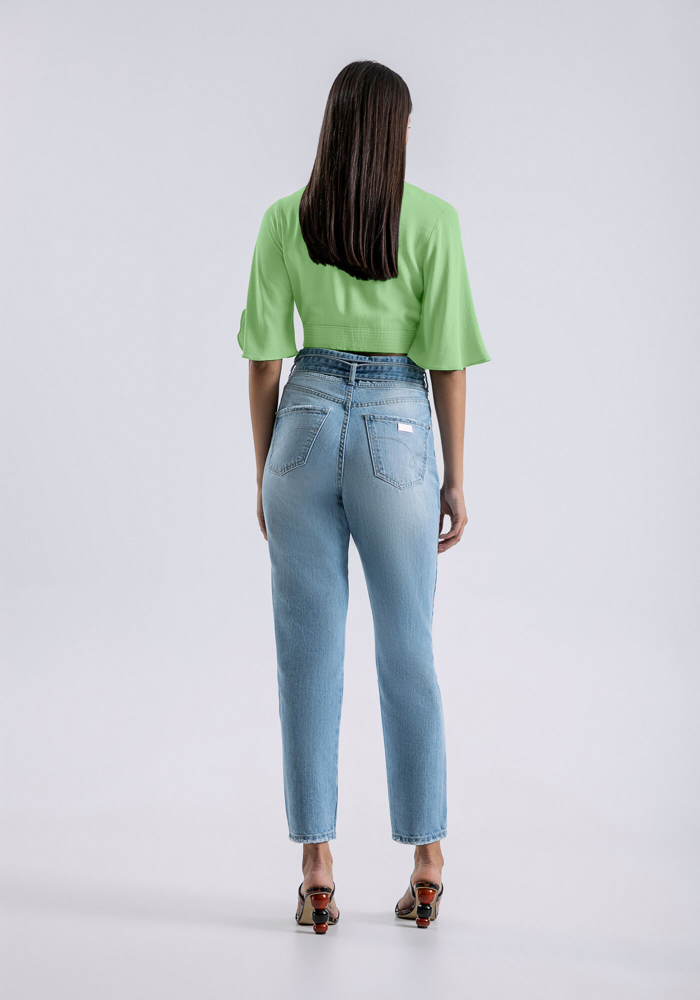 Cal&ccedil;a Jeans Reta com Recorte e Cinto, JEANS, large.