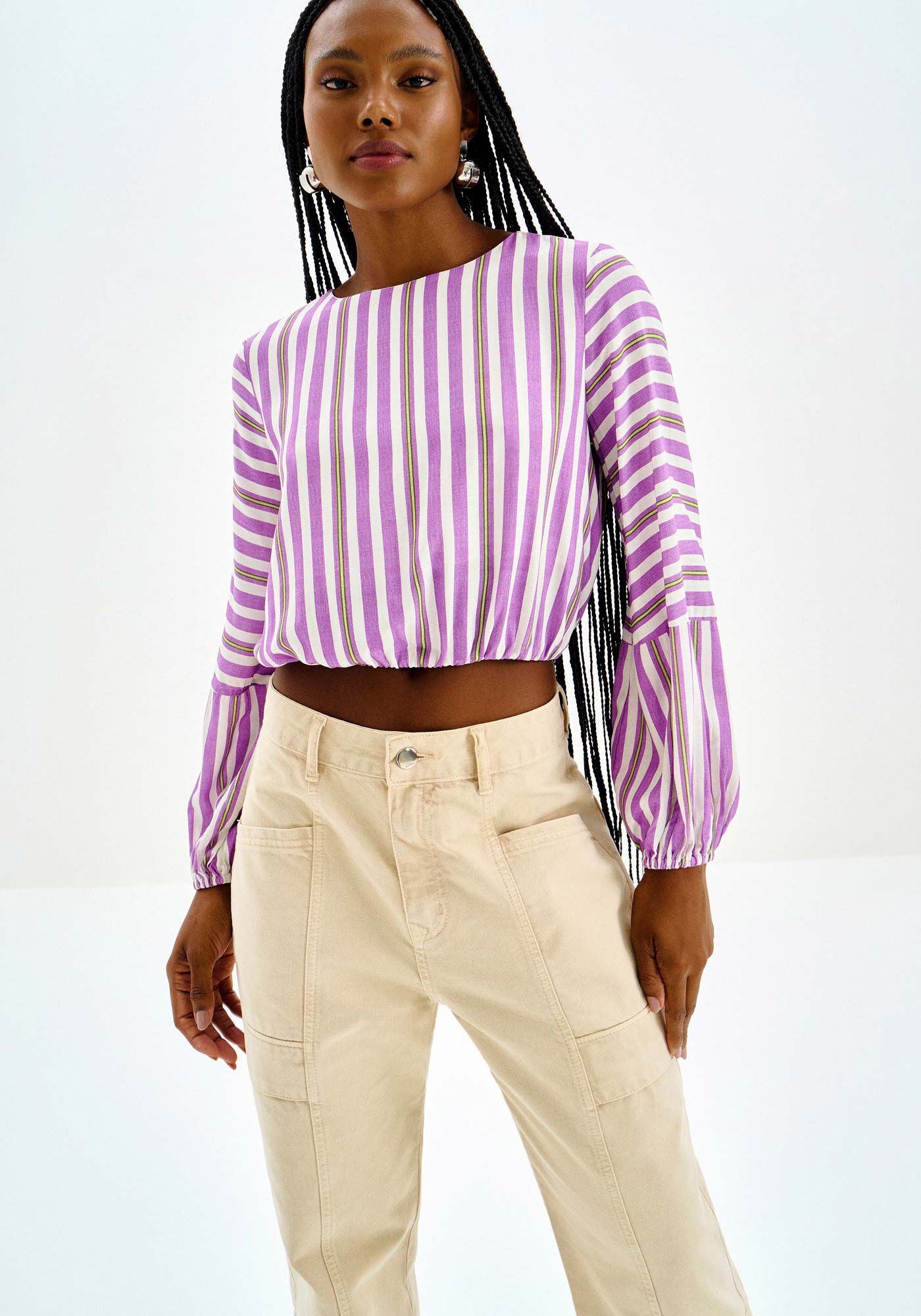 Blusa Manga Longa Bufante em Viscose Estampada, LAVANDA, large.