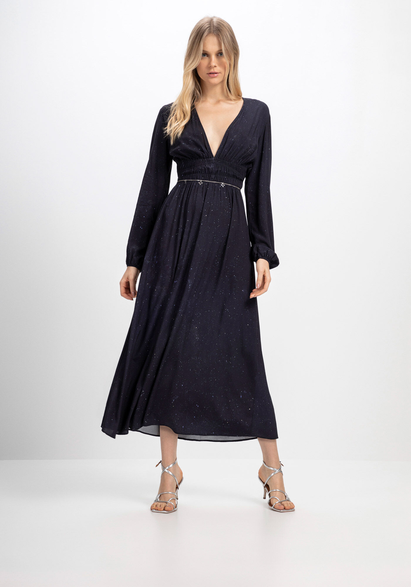 Vestido Midi Manga Longa em Viscose com El&aacute;stico, , large.