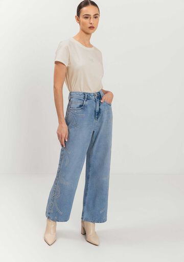 Calça Wide Leg Jeans Cropped Com Aplicações De Strass, JEANS. Calça Wide Leg Jeans Cropped Com Aplicações De Strass, JEANS, large.