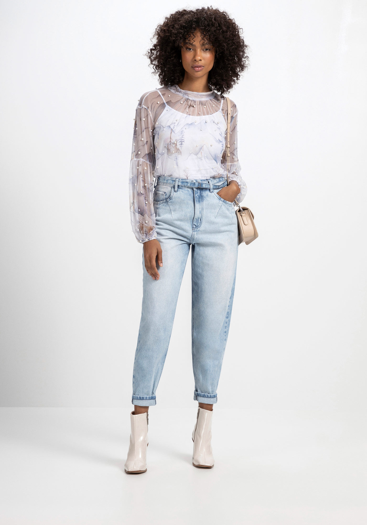 Blusa em Tule Estampado com P&eacute;rolas, FOX, large.