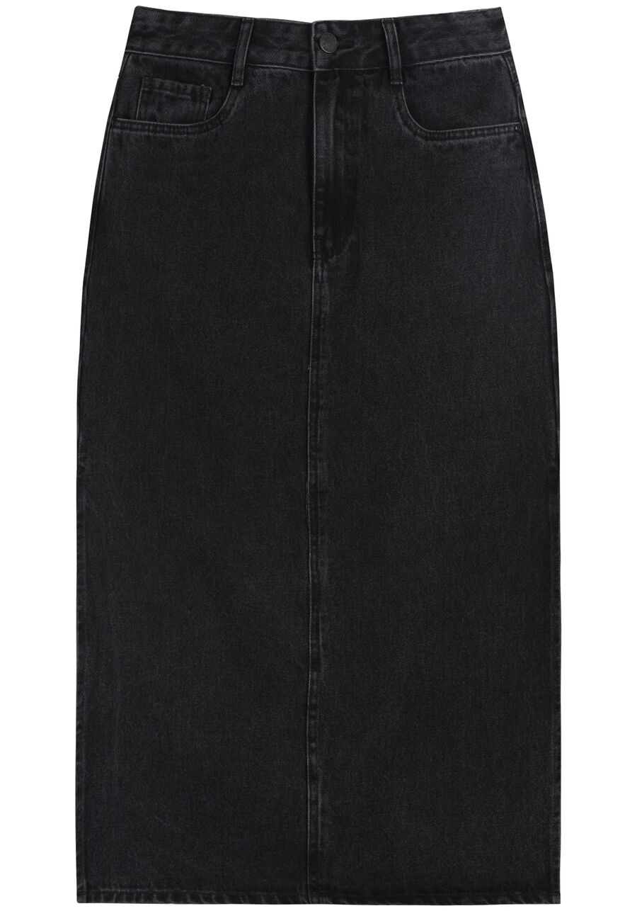 Saia Midi Jeans Estonada Com Cintura Alta E Fendas Laterais, JEANS. Saia Midi Jeans Estonada Com Cintura Alta E Fendas Laterais, JEANS, large.