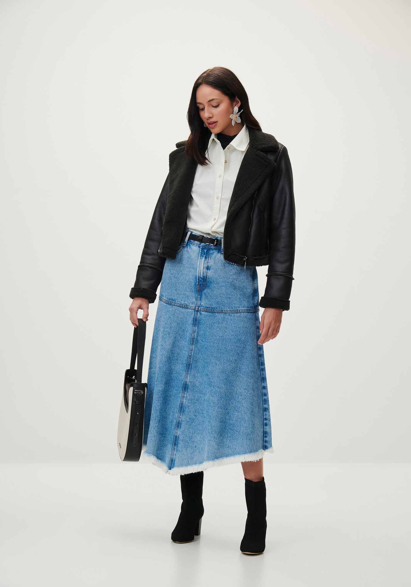 Saia Jeans Midi Cintura Alta com Recorte God&ecirc;, JEANS, large.