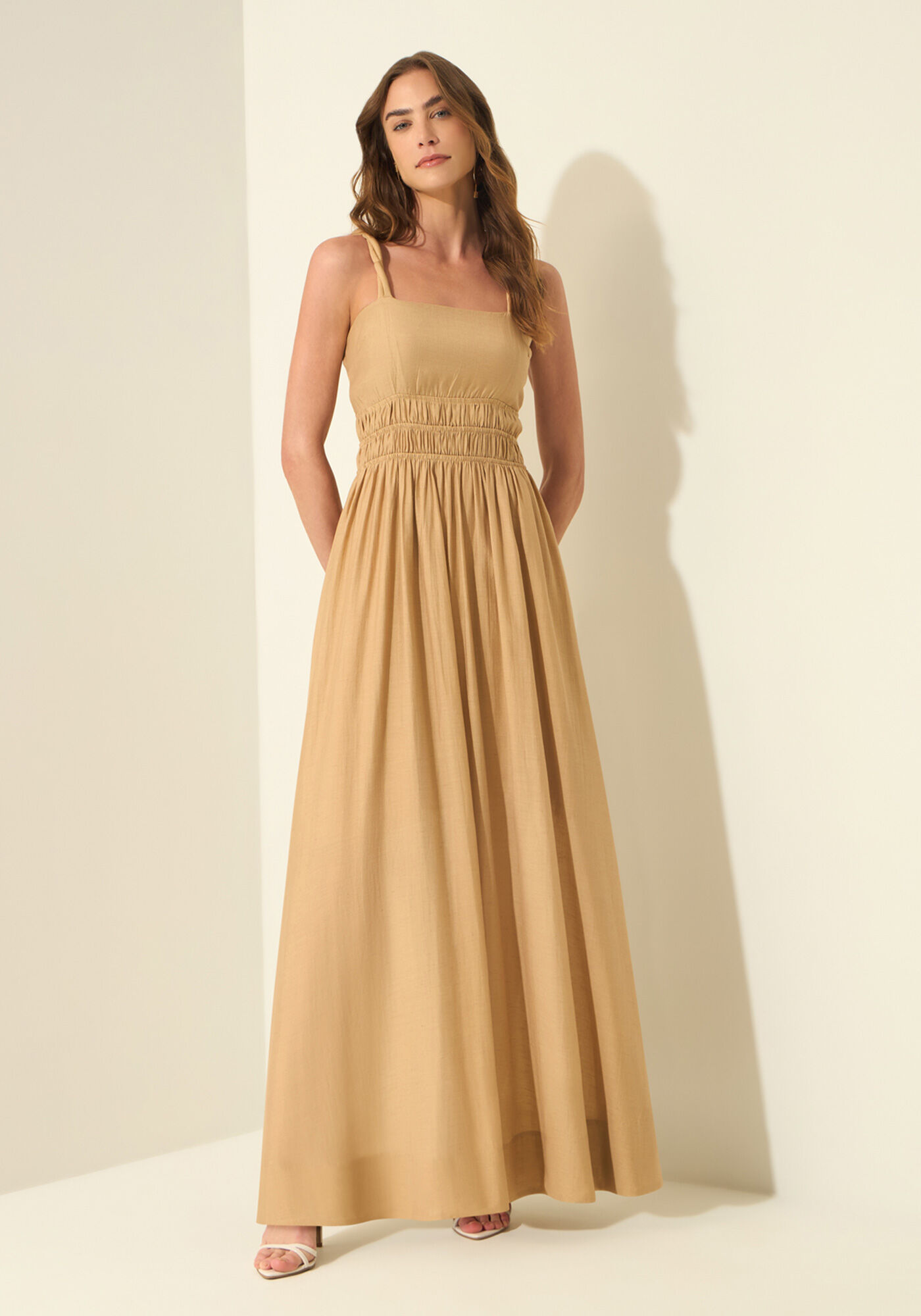 Vestido Longo De Al&ccedil;as Em Tecido Com Linho, BEGE ALIEN, large.