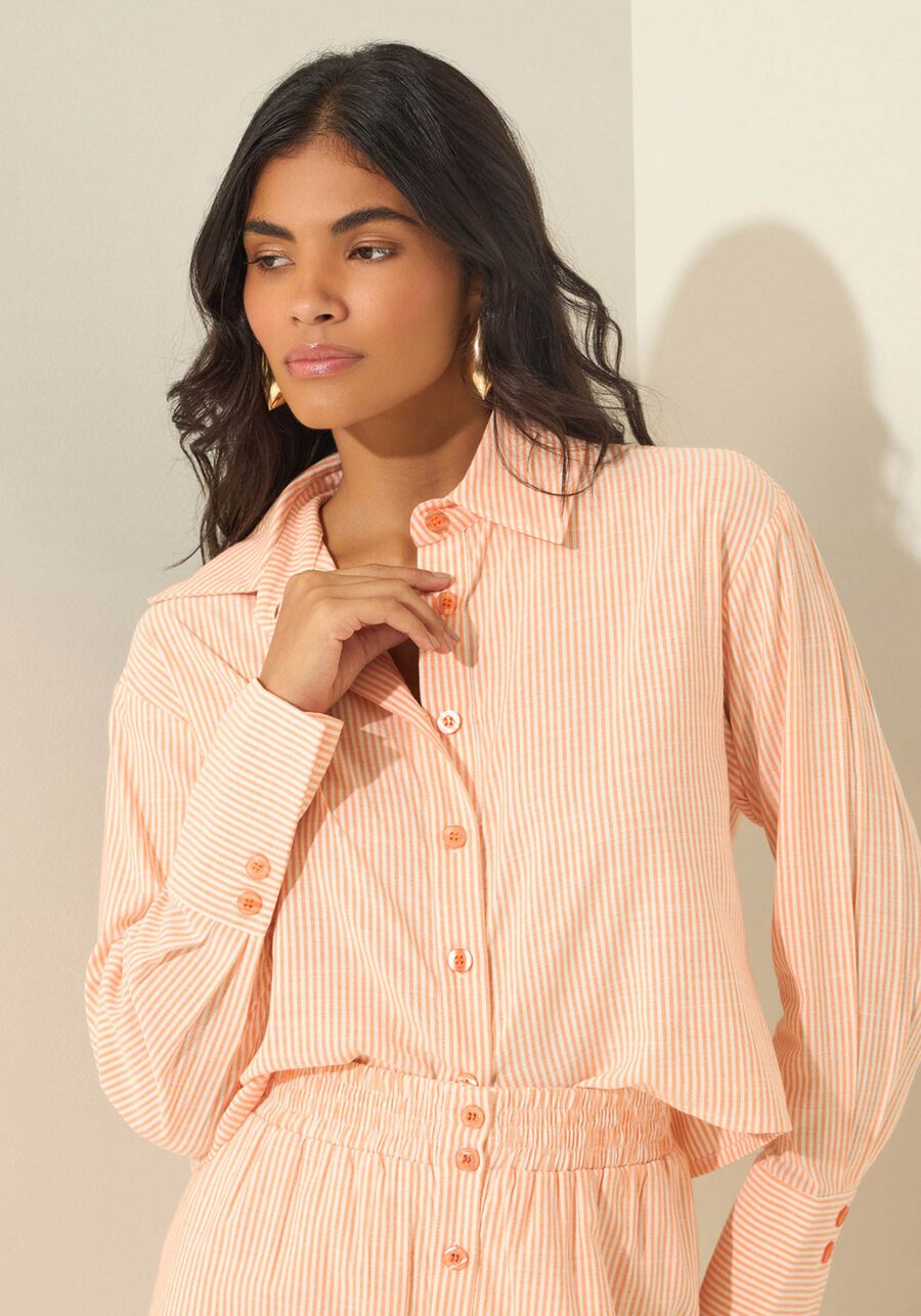 Camisa De Mangas Longas Em Tecido Listrado, LARANJA SUMMERTIME. Camisa De Mangas Longas Em Tecido Listrado, LARANJA SUMMERTIME, large.