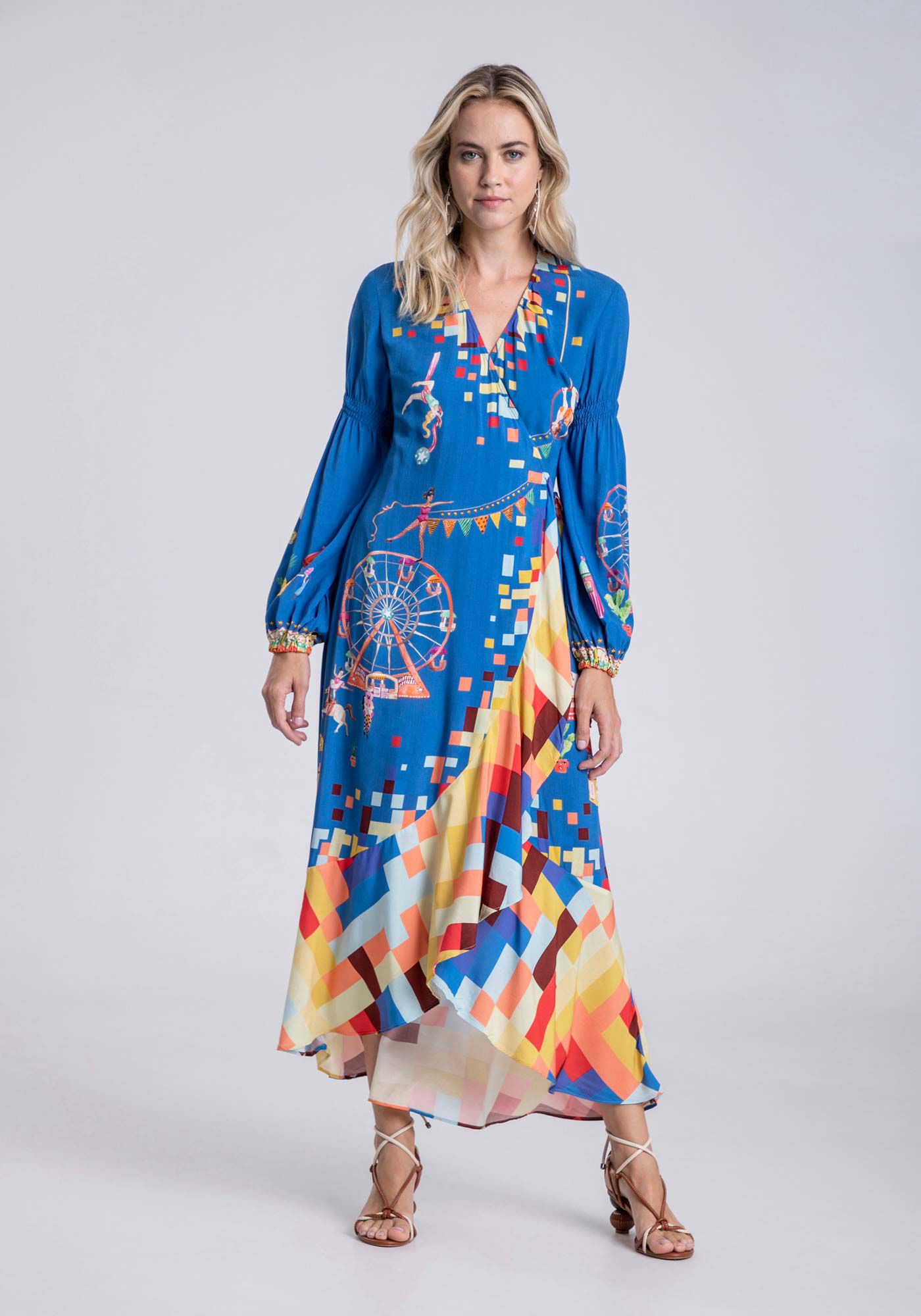 Vestido Midi Transpassado com Manga Bufante, PARQUE DE DIVERSOES, large.