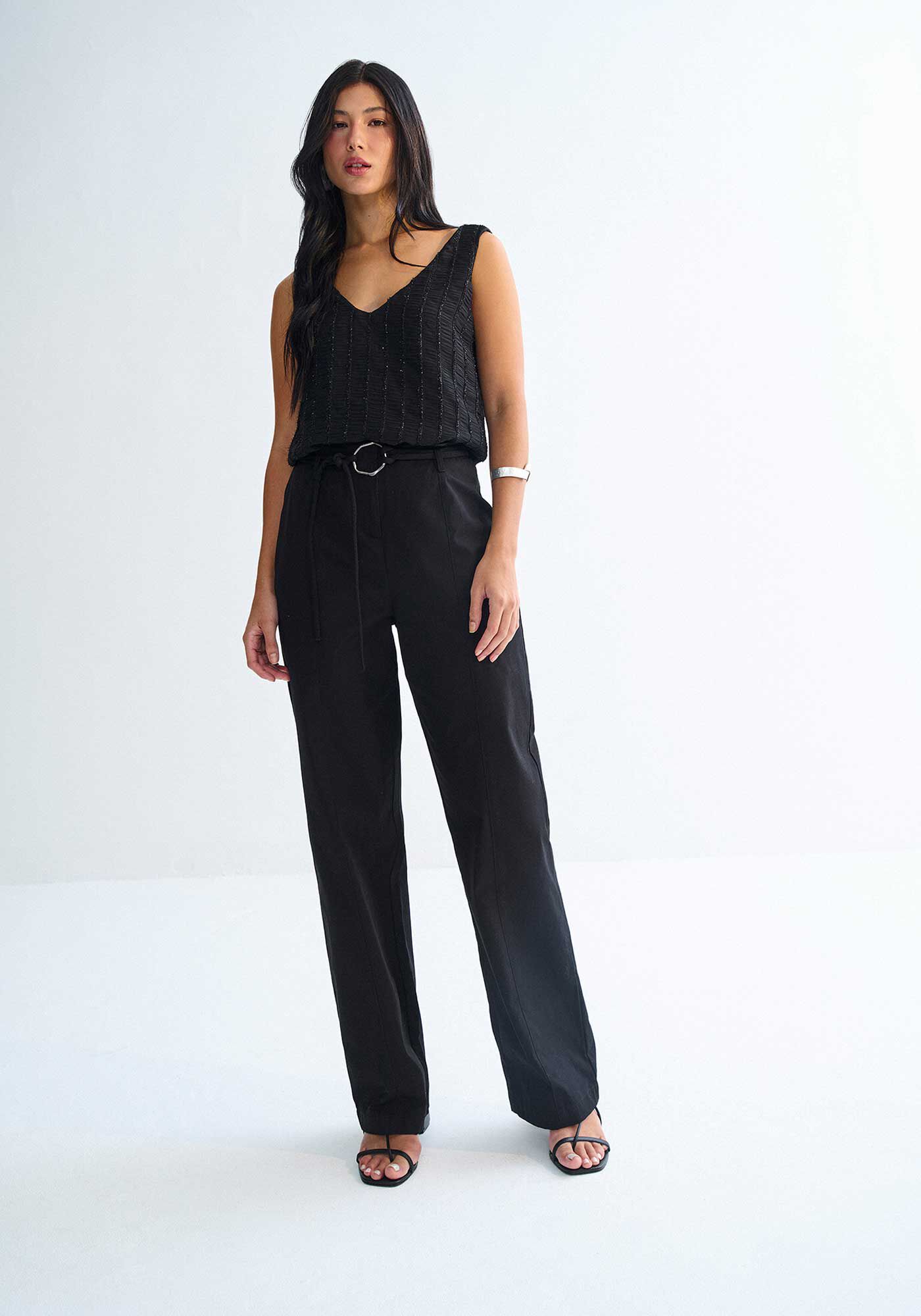 Cal&ccedil;a Reta Alfaiataria Cintura Alta com Cinto, PRETO REATIVO, large.